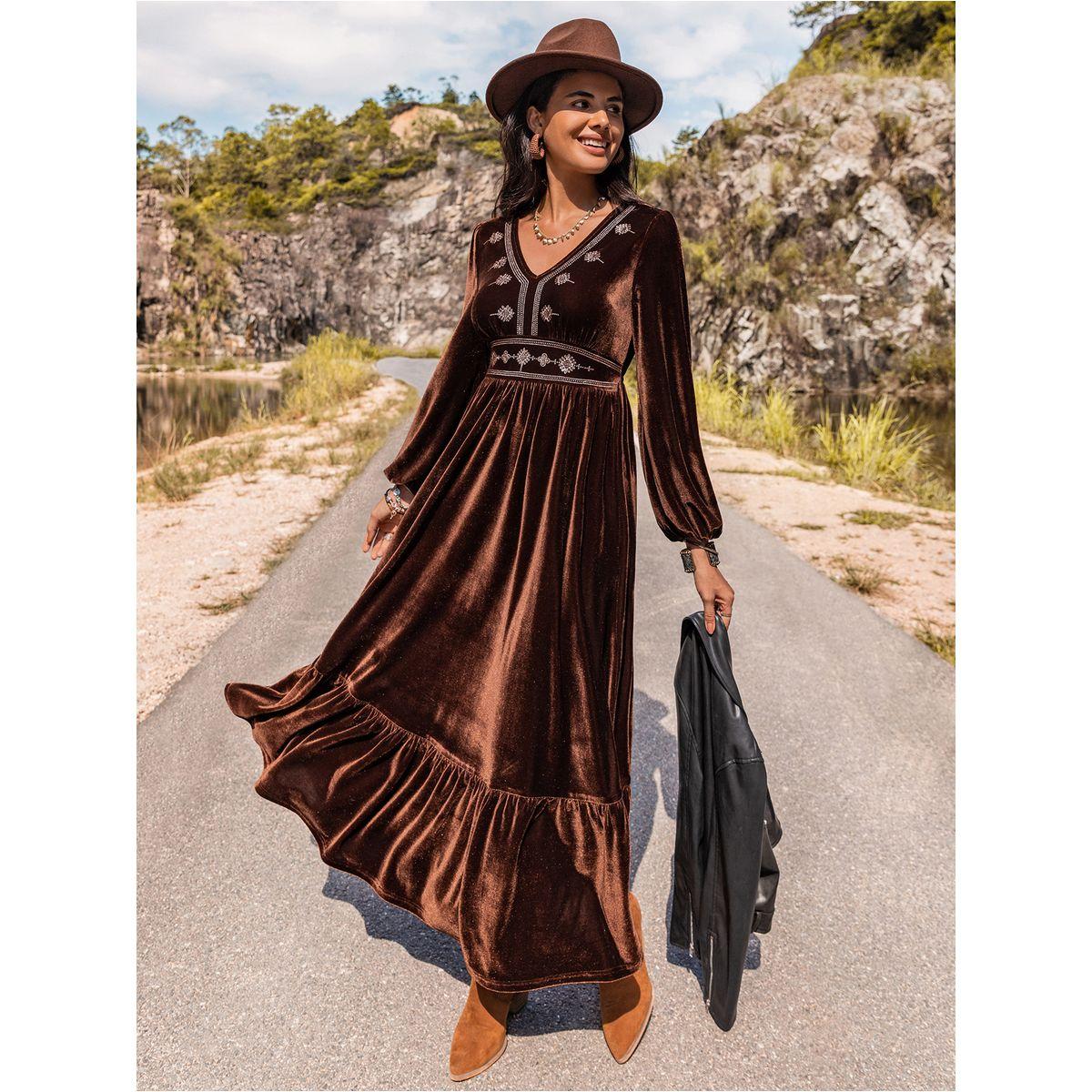 Embroidery Detail Ruffle Hem Velvet Midi Dress-women-clothing-dresses-image-6