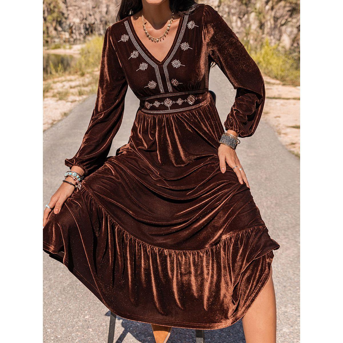 Embroidery Detail Ruffle Hem Velvet Midi Dress-women-clothing-dresses-image-7