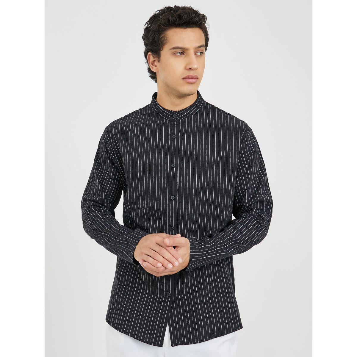 Styli Striped Mandarin Collar Long Sleeve Relaxed Fit Shirt-men-clothing-shirts-image-1