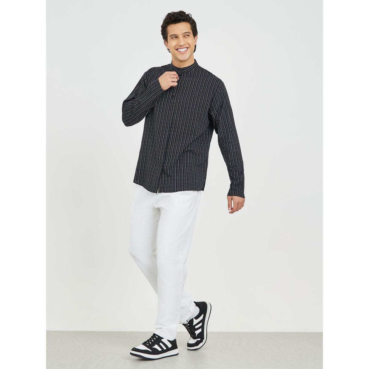 Styli Striped Mandarin Collar Long Sleeve Relaxed Fit Shirt-men-clothing-shirts-image-2