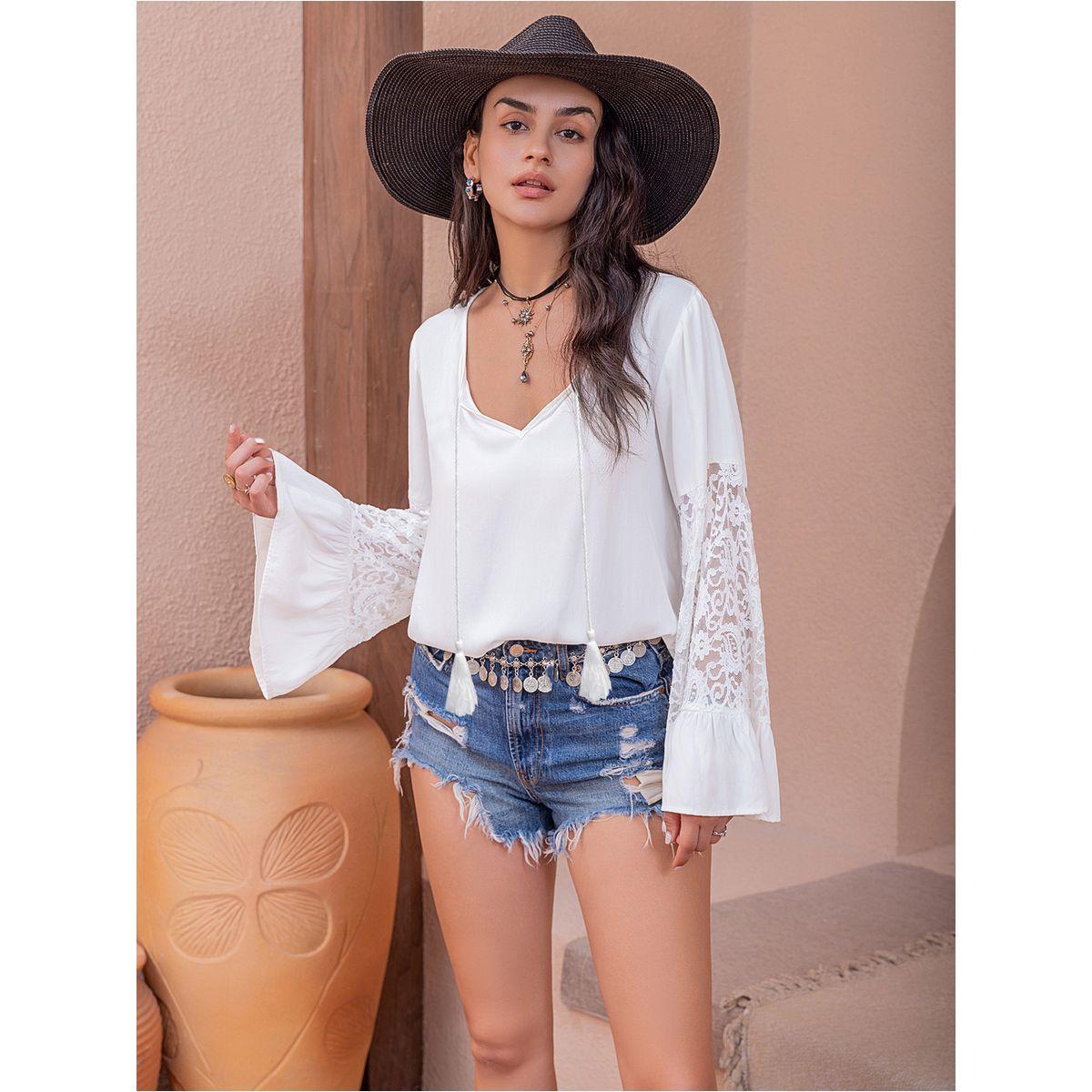 Russty Dustty X Styli V Neck Lace Trim Flare Sleeve Blouse-women-clothing-shirtsandblouses-blouses-image-3