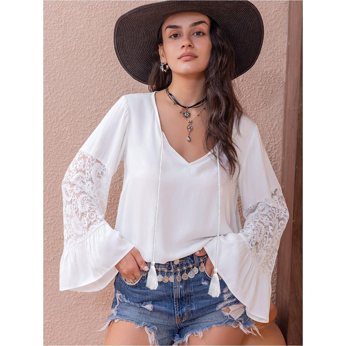 Russty Dustty X Styli V Neck Lace Trim Flare Sleeve Blouse-women-clothing-shirtsandblouses-blouses-image-8