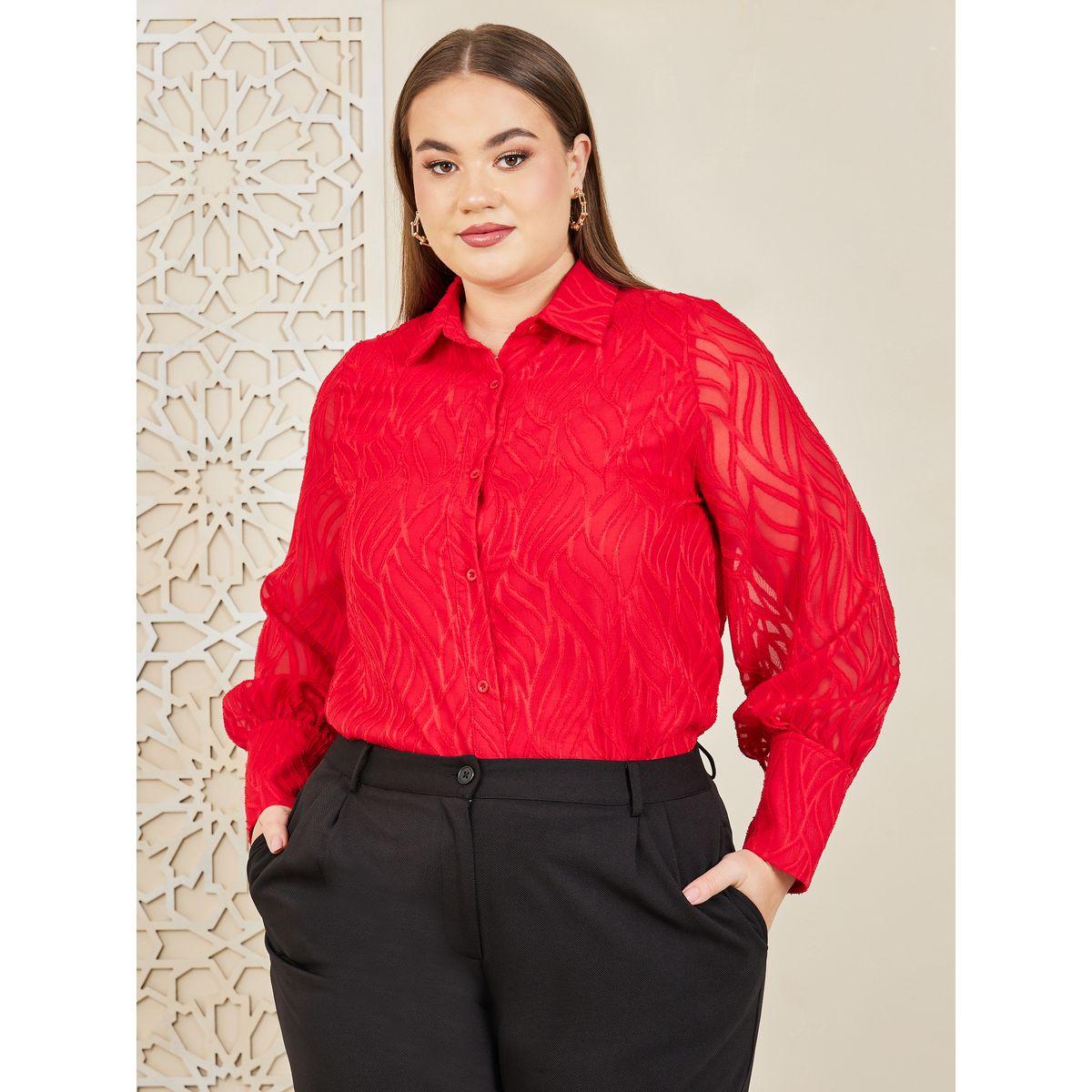 Styli Plus Textured Sheer Sleeves Regular Fit Shirt-women-clothing-shirtsandblouses-shirts-image-1