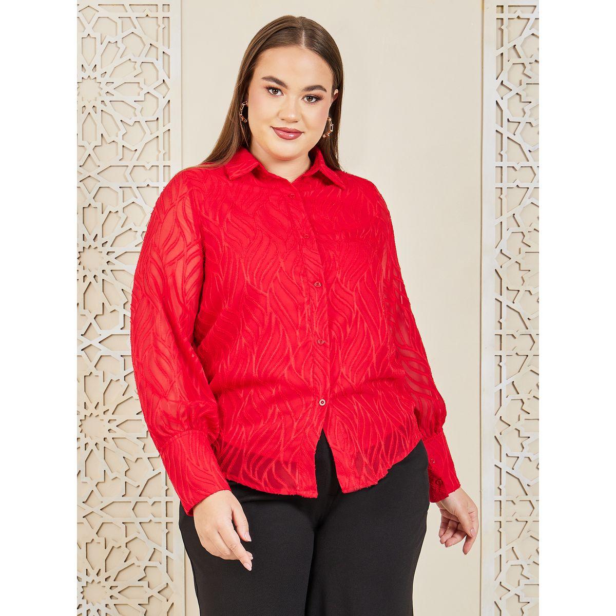 Styli Plus Textured Sheer Sleeves Regular Fit Shirt-women-clothing-shirtsandblouses-shirts-image-3
