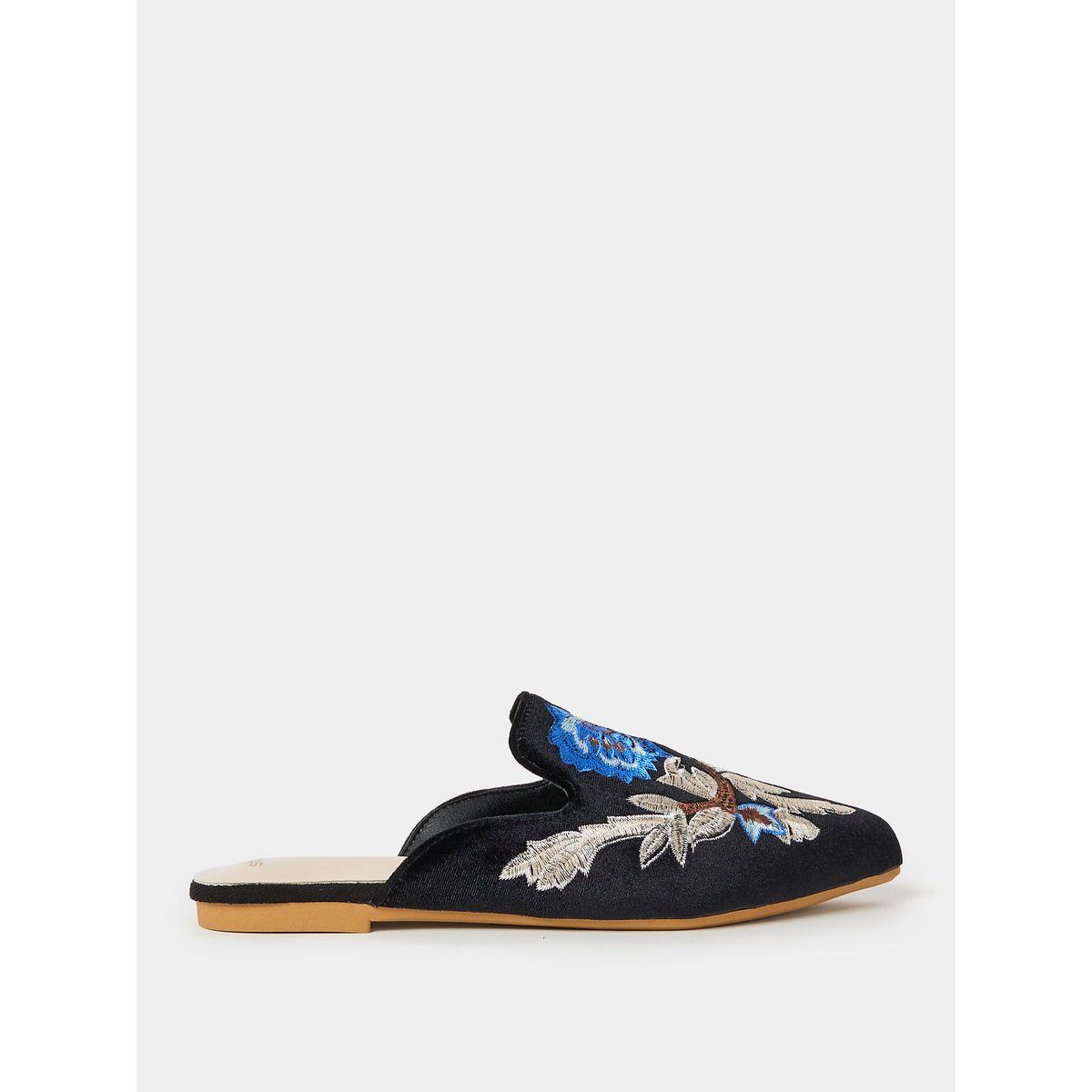 Styli Embroidered Detail Velvet Textured Slip On Sandals-women-shoes-loafersandmoccasins-image-2