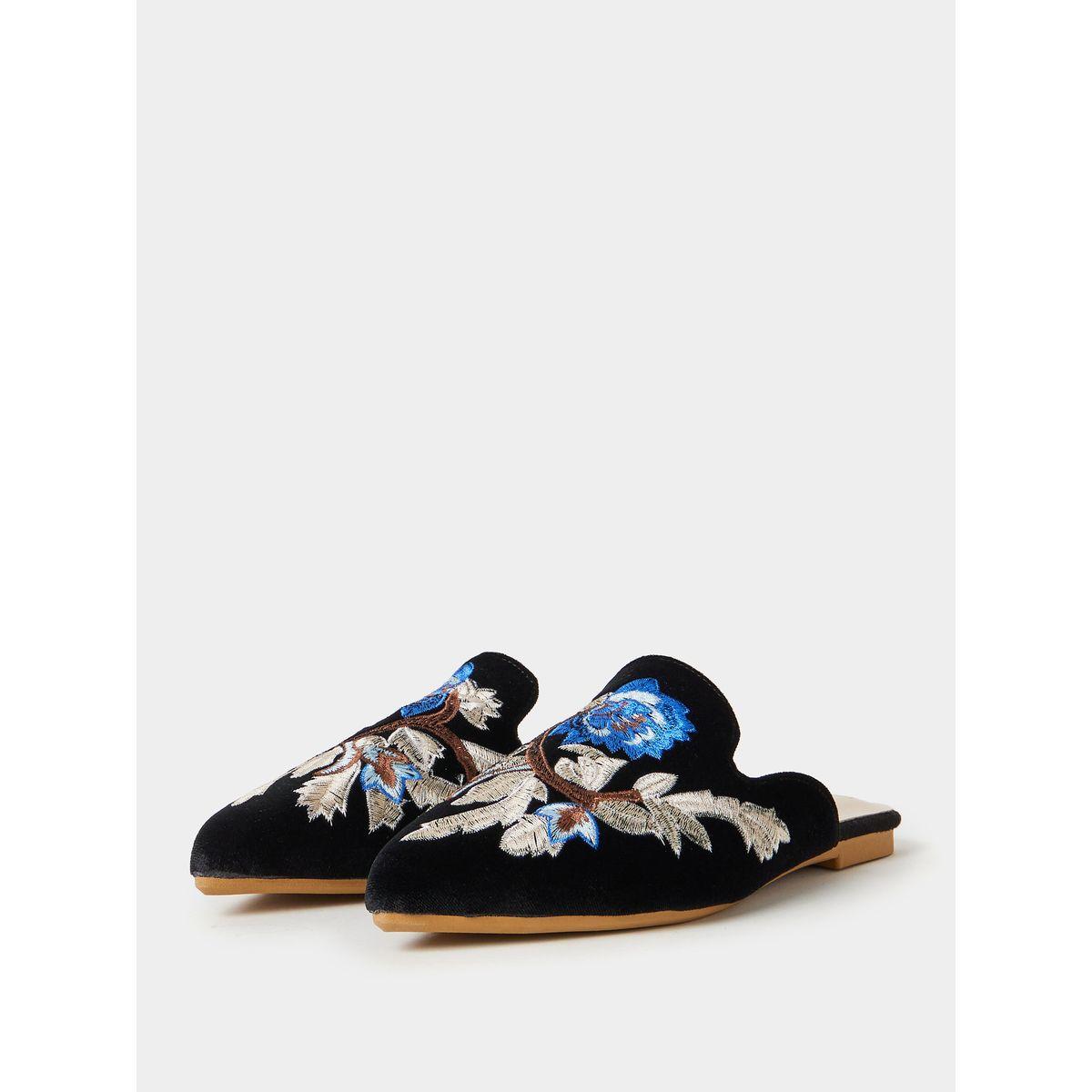 Styli Embroidered Detail Velvet Textured Slip On Sandals-women-shoes-loafersandmoccasins-image-3