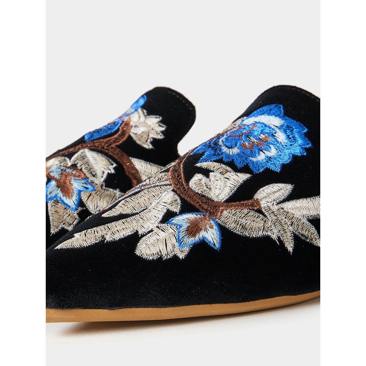 Styli Embroidered Detail Velvet Textured Slip On Sandals-women-shoes-loafersandmoccasins-image-5