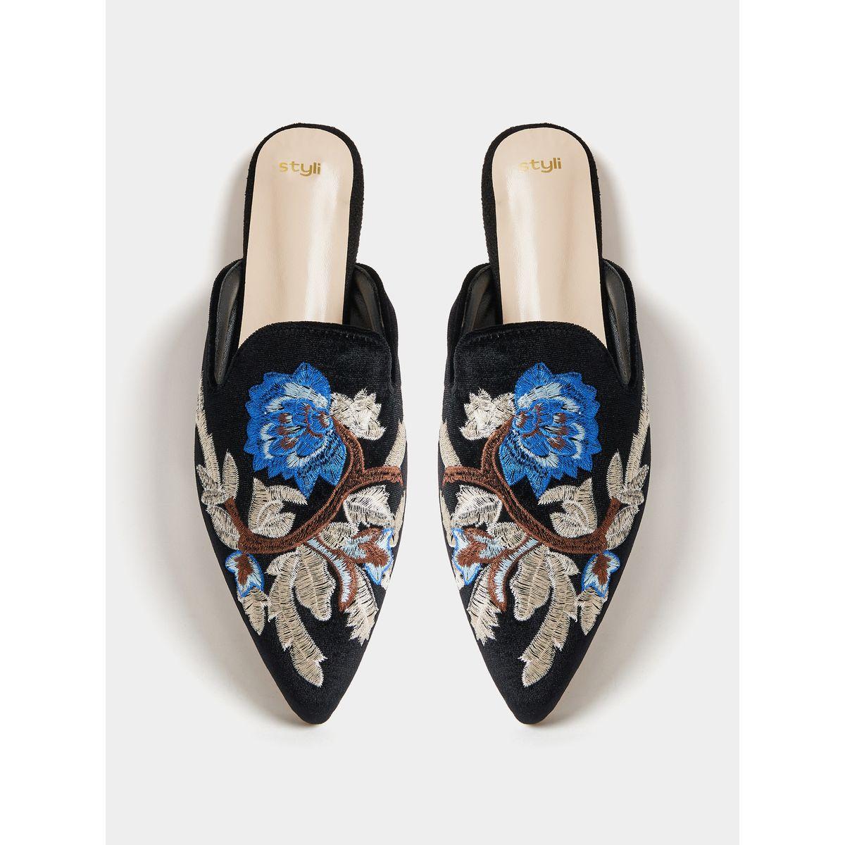 Styli Embroidered Detail Velvet Textured Slip On Sandals-women-shoes-loafersandmoccasins-image-6