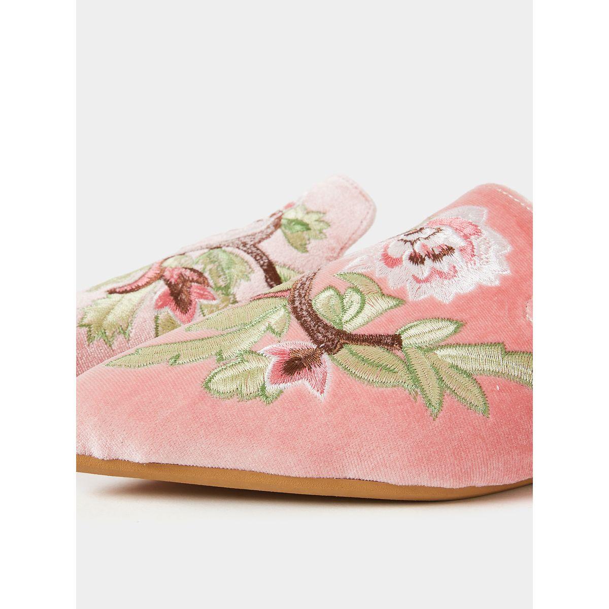 Styli Embroidered Detail Velvet Textured Slip On Sandals-women-shoes-loafersandmoccasins-image-5