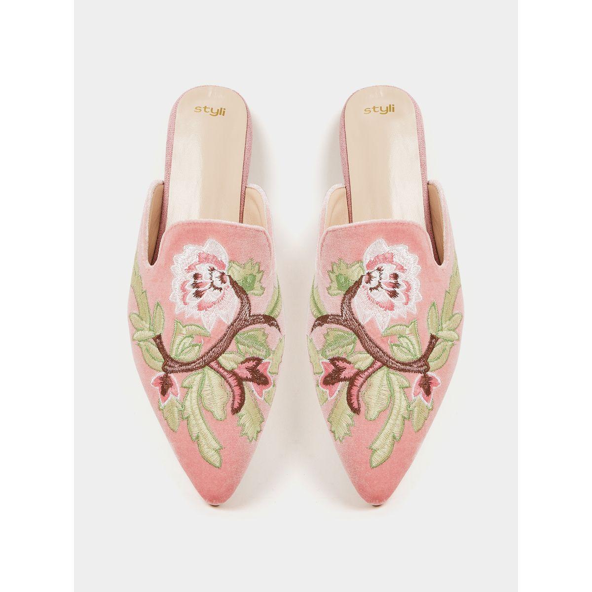 Styli Embroidered Detail Velvet Textured Slip On Sandals-women-shoes-loafersandmoccasins-image-6