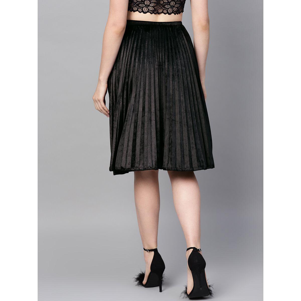 Velvet Pleated Knee Length Skirt-women-clothing-bottoms-skirts-image-3