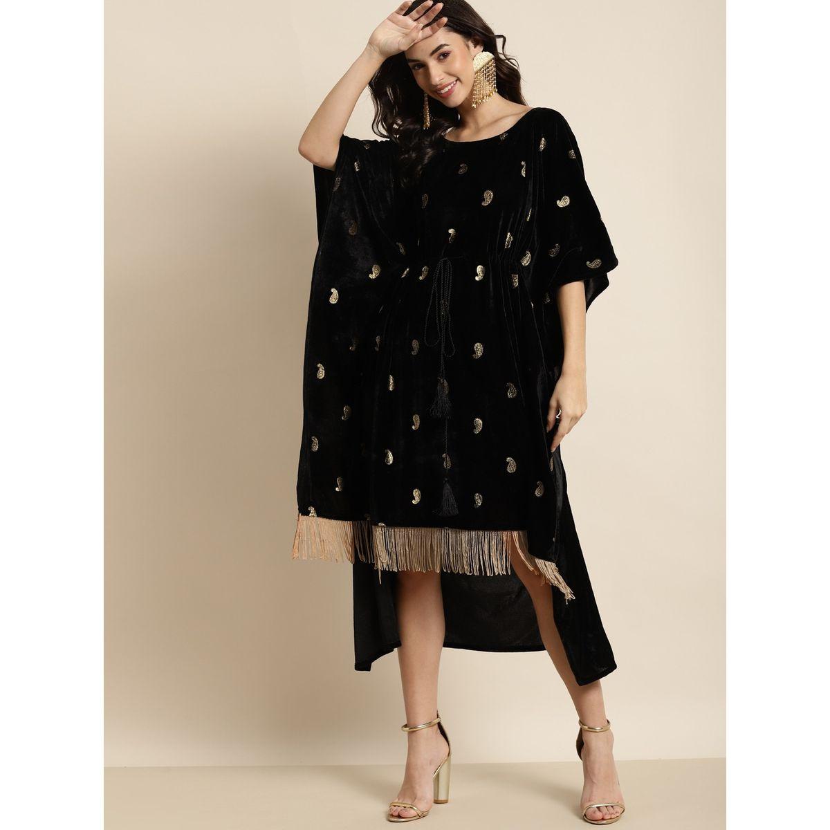 Velvet Foil Print Fringe Lace Kaftan Dress-women-clothing-dresses-image-1