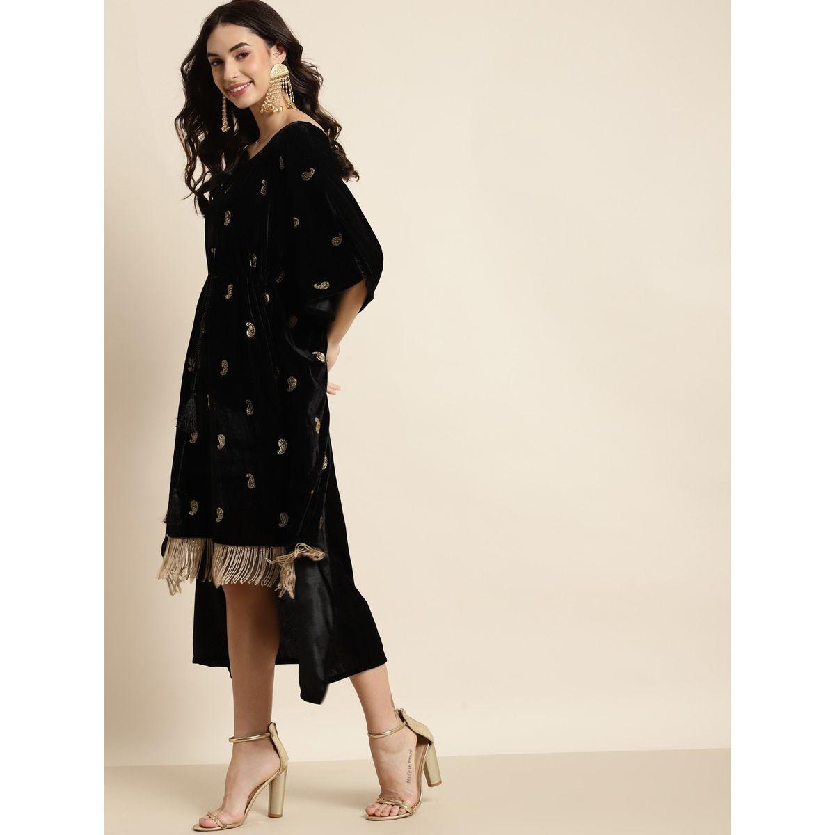 Velvet Foil Print Fringe Lace Kaftan Dress-women-clothing-dresses-image-2