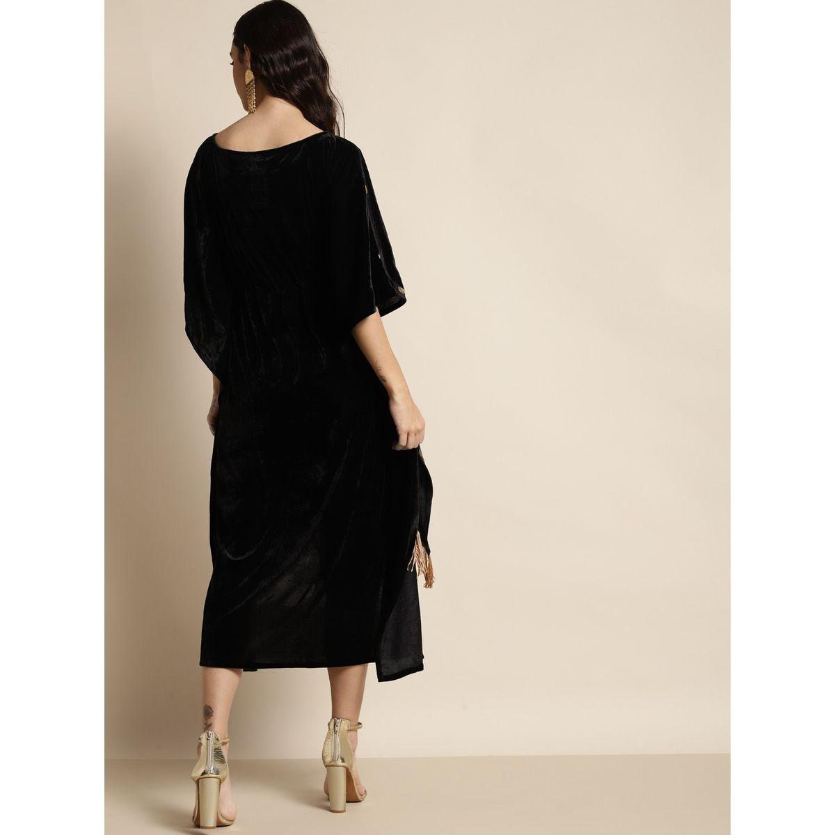 Velvet Foil Print Fringe Lace Kaftan Dress-women-clothing-dresses-image-3