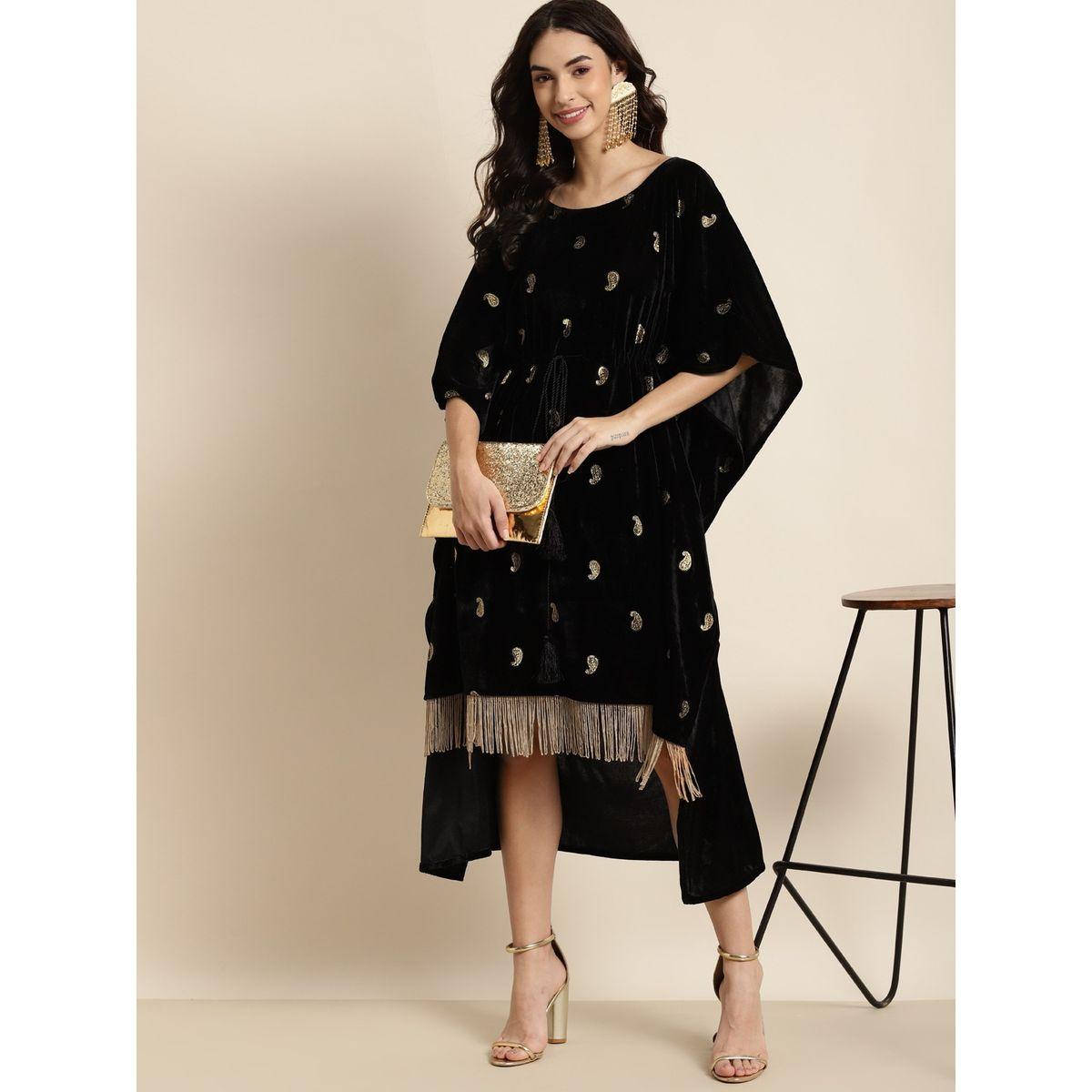Velvet Foil Print Fringe Lace Kaftan Dress-women-clothing-dresses-image-4
