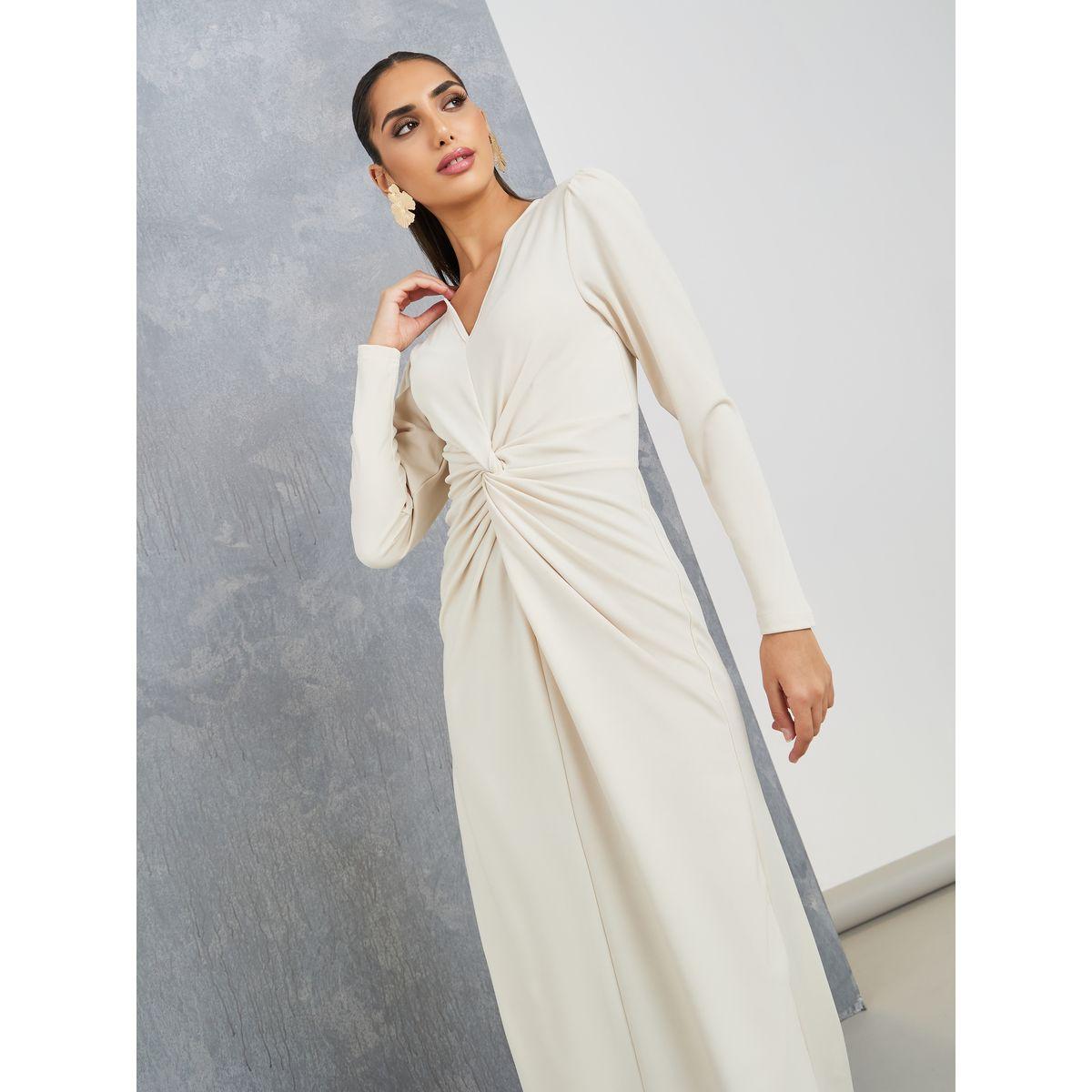 Styli Front Twist Knot Detail V Neck Midi Dress-women-clothing-dresses-image-2