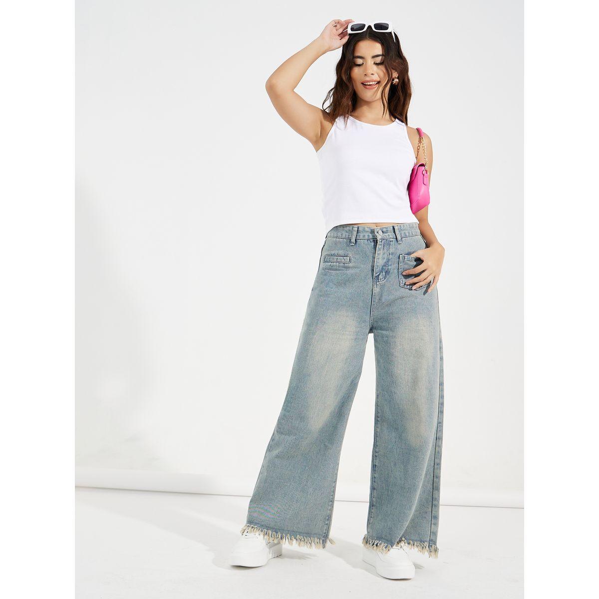 جينز بارجل واسعة وجيب امامي مع حافة ممزقة-women-clothing-bottoms-jeans-image-1