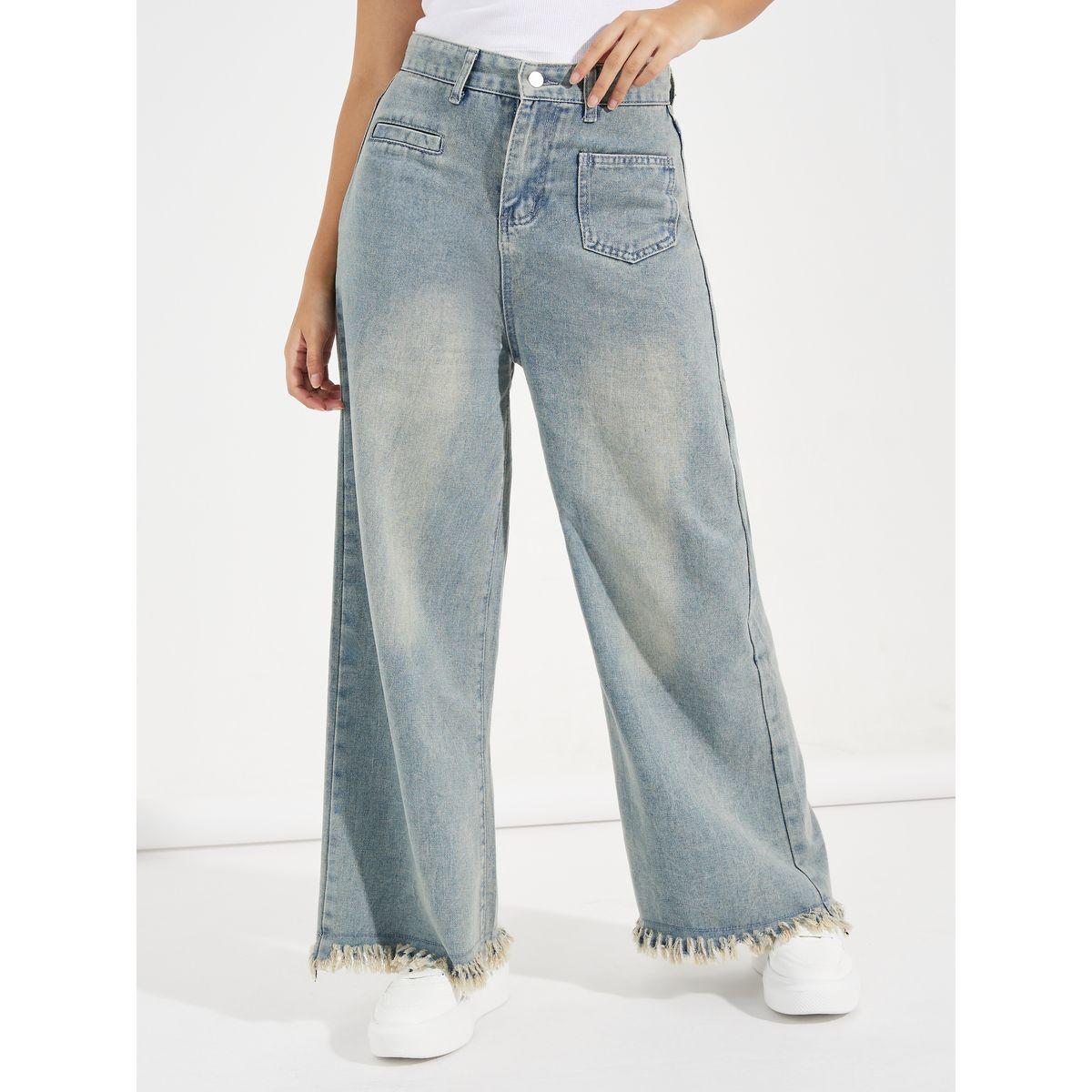 جينز بارجل واسعة وجيب امامي مع حافة ممزقة-women-clothing-bottoms-jeans-image-2