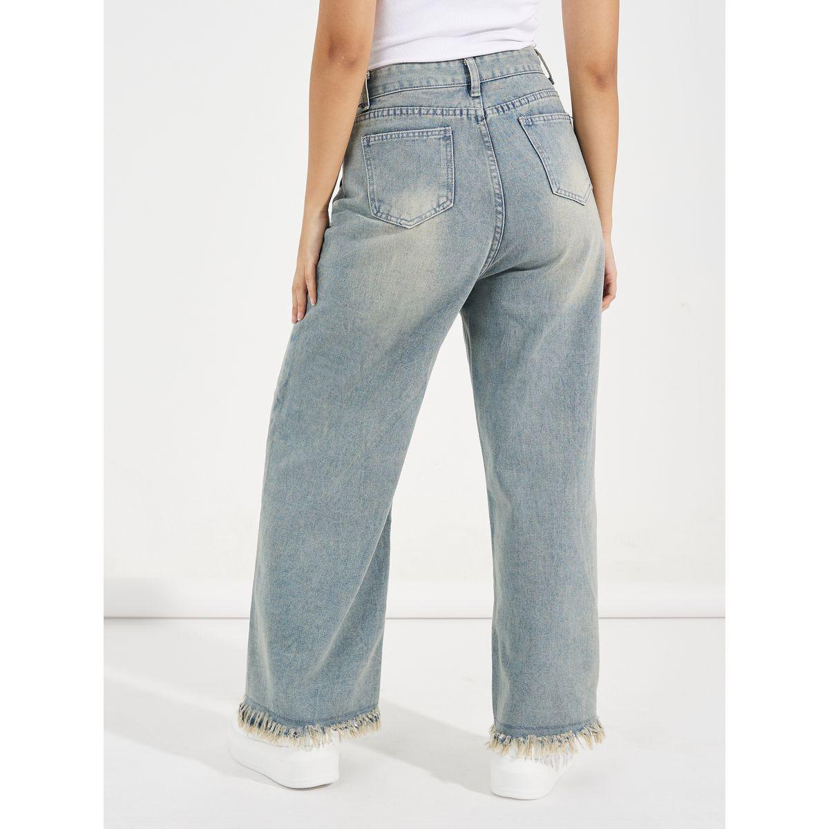 Styli Front Pocket Detail Wide Leg Jeans with Frayed Edge-women-clothing-bottoms-jeans-image-4