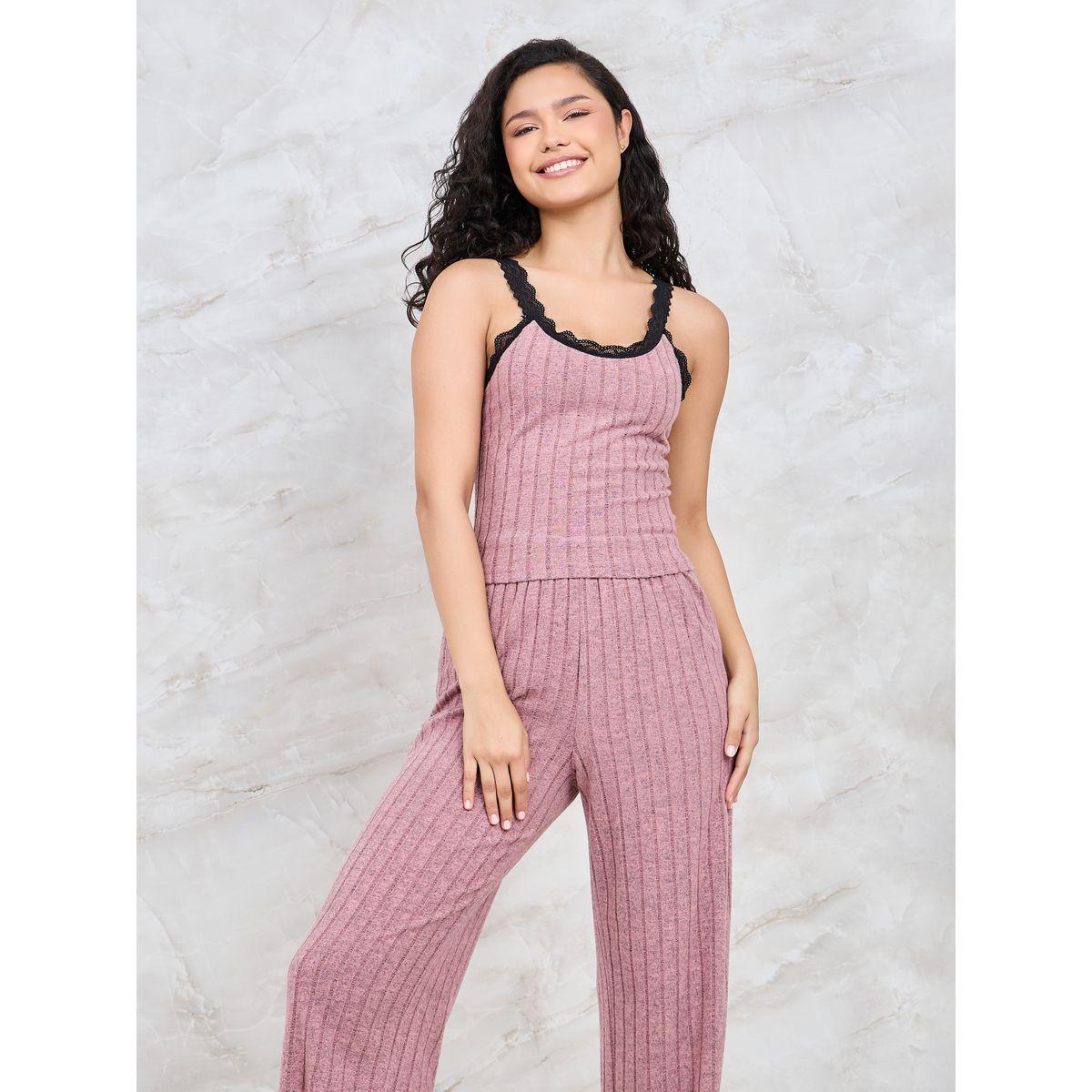 Styli Unwind Contrast Lace Rib Cami & Pyjama Set-women-clothing-nightwear-pyjamas-longsets-image-2