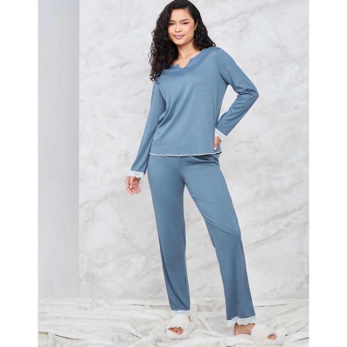 Styli Unwind Rib Notch Neck Lace Trim Lettuce Hem Top & Pyjama Set-women-clothing-nightwear-pyjamas-longsets-image-1