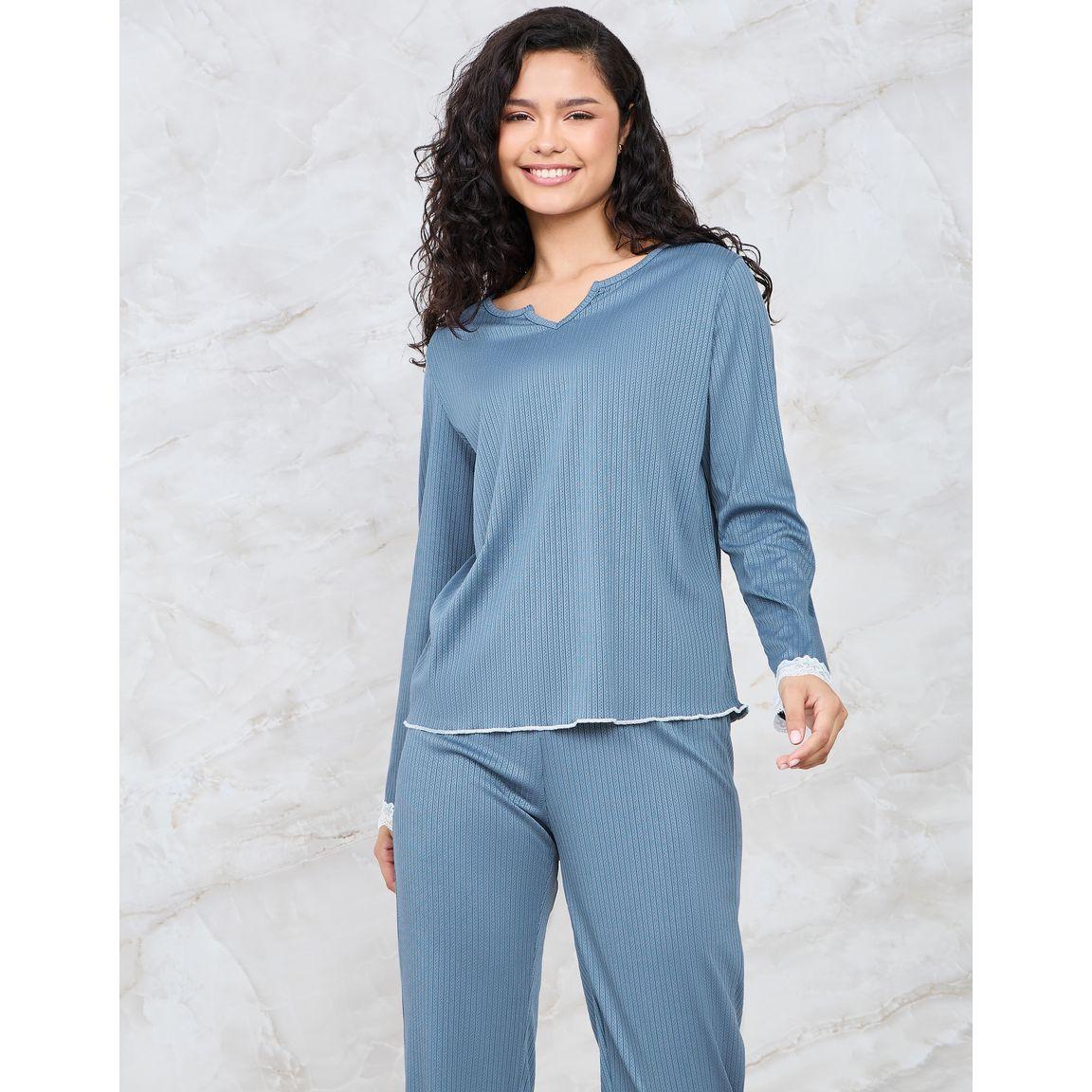 Styli Unwind Rib Notch Neck Lace Trim Lettuce Hem Top & Pyjama Set-women-clothing-nightwear-pyjamas-longsets-image-2