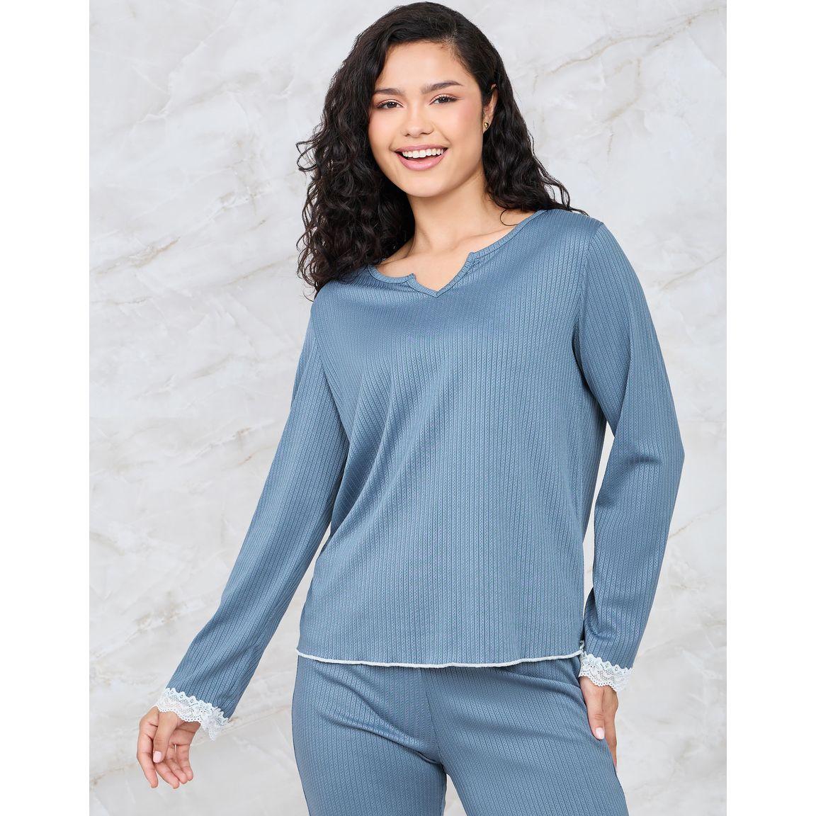 Styli Unwind Rib Notch Neck Lace Trim Lettuce Hem Top & Pyjama Set-women-clothing-nightwear-pyjamas-longsets-image-3