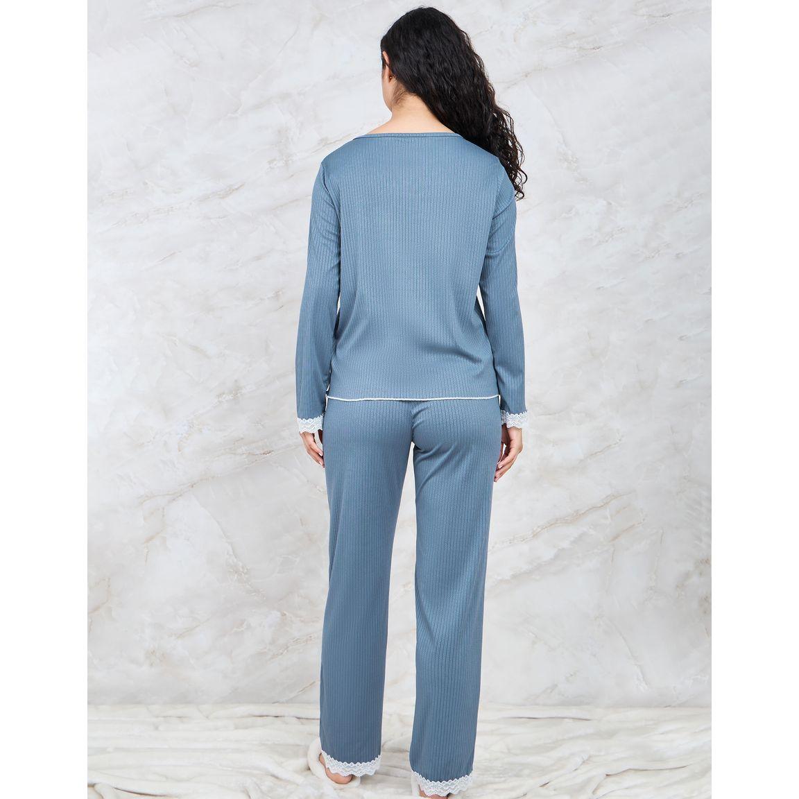 Styli Unwind Rib Notch Neck Lace Trim Lettuce Hem Top & Pyjama Set-women-clothing-nightwear-pyjamas-longsets-image-5