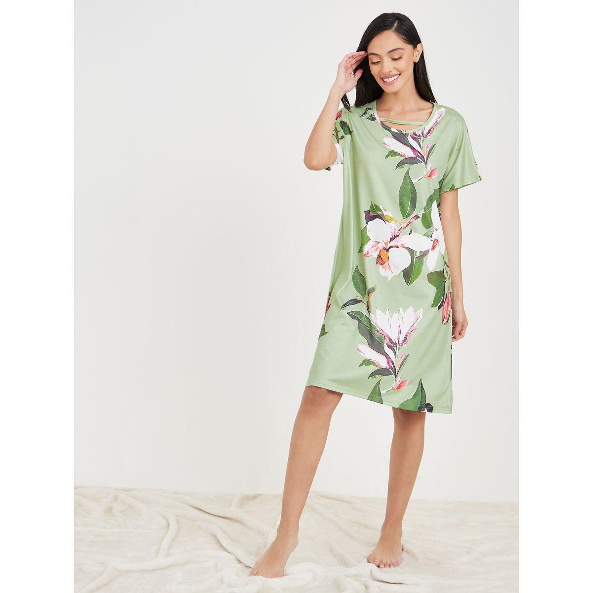 Styli Unwind Floral AOP Knee Length Sleep Dress-women-clothing-nightwear-nighties-image-2