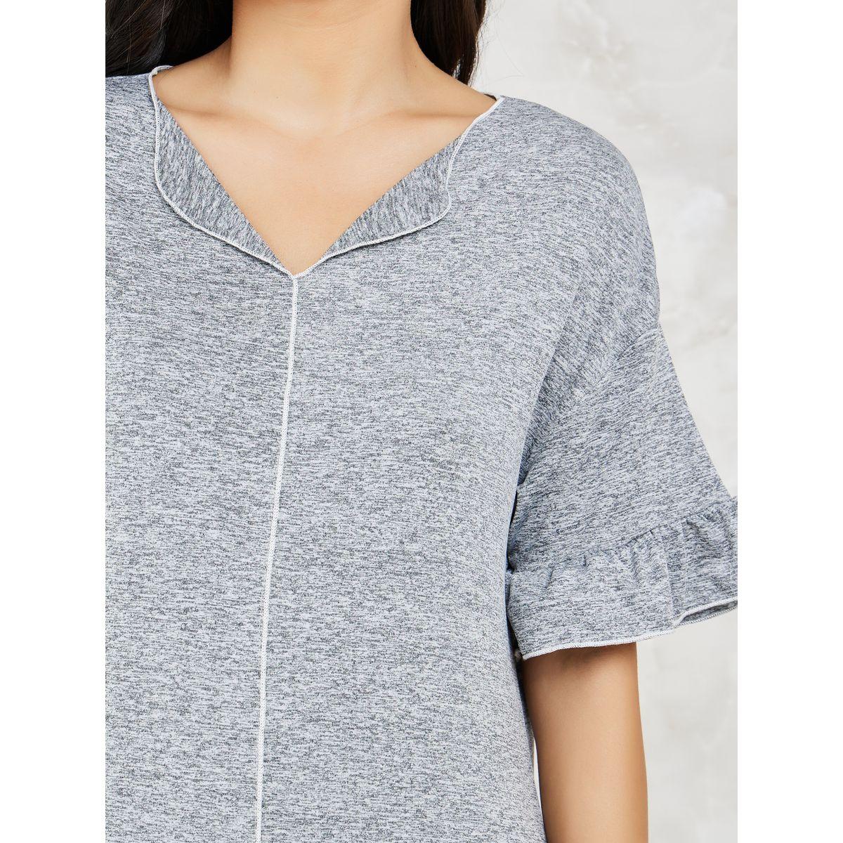 Styli Unwind Melange Contrast Edge Ruffle Hem & Sleeve Sleep Dress-women-clothing-nightwear-nighties-image-3