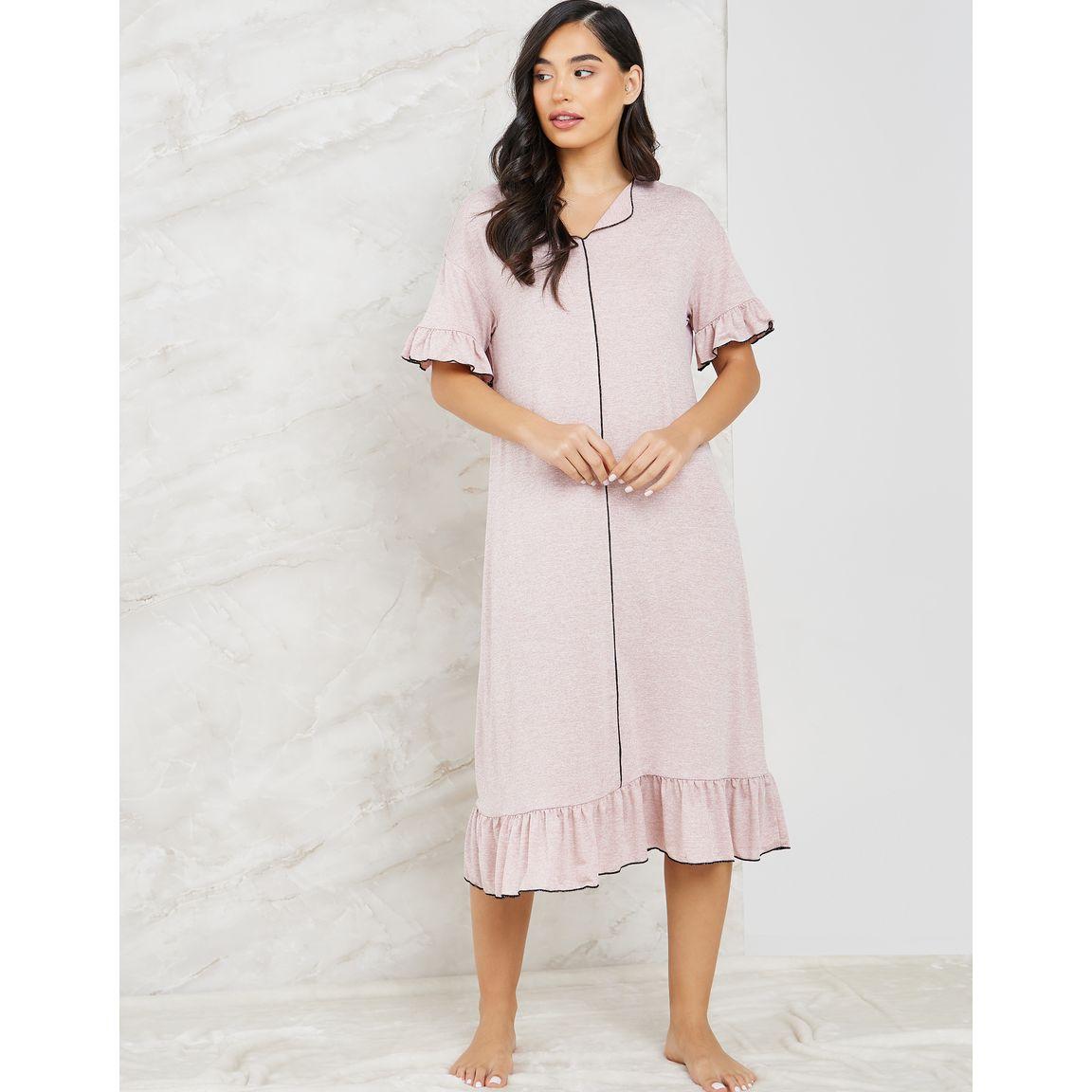 Styli Unwind Melange Contrast Edge Ruffle Hem & Sleeve Sleep Dress-women-clothing-nightwear-nighties-image-1