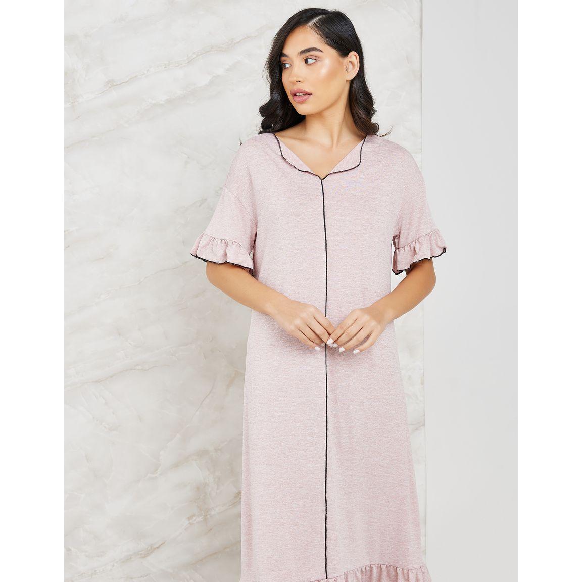 Styli Unwind Melange Contrast Edge Ruffle Hem & Sleeve Sleep Dress-women-clothing-nightwear-nighties-image-2