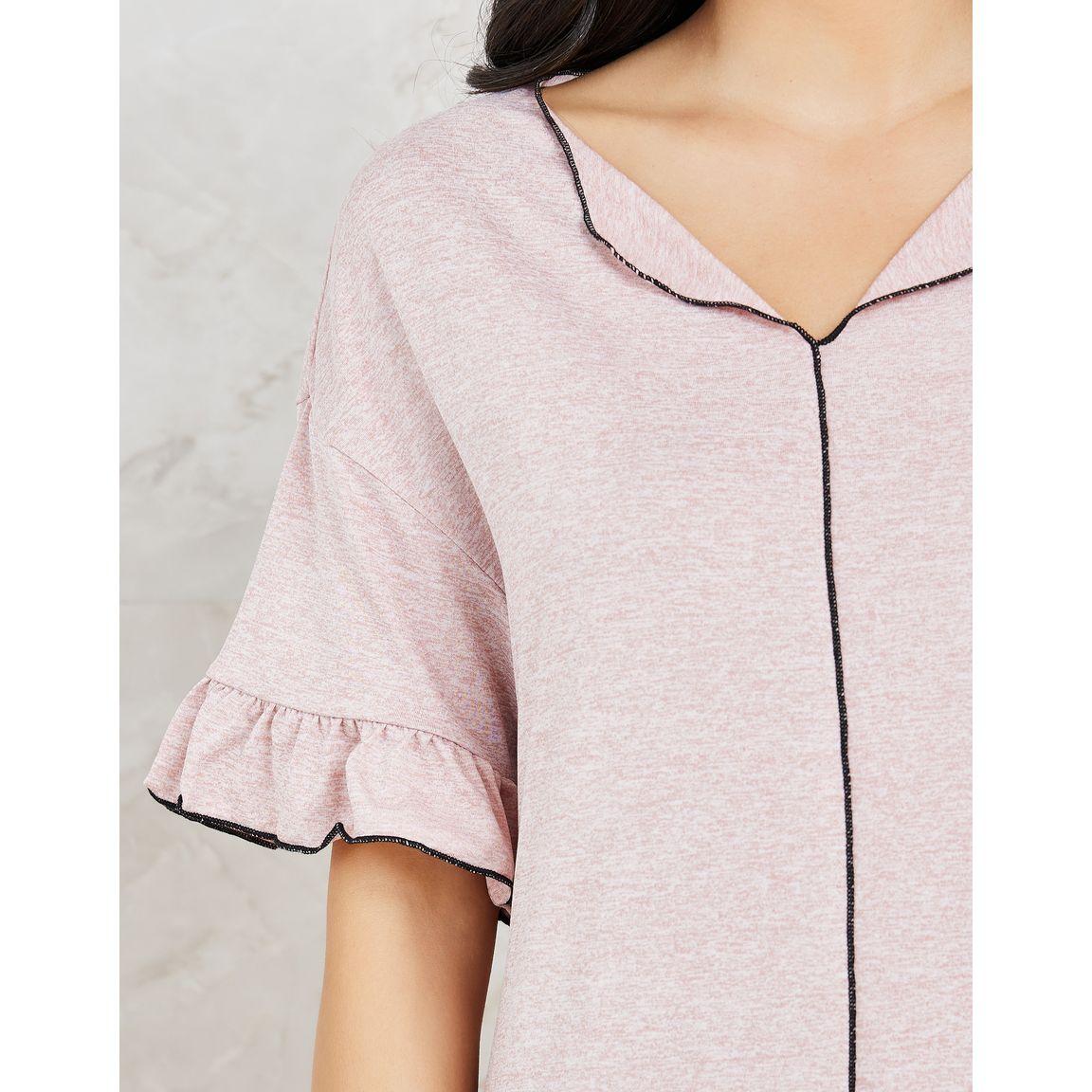 Styli Unwind Melange Contrast Edge Ruffle Hem & Sleeve Sleep Dress-women-clothing-nightwear-nighties-image-3