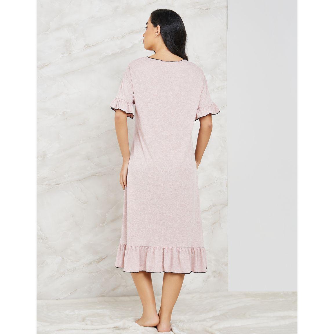 Styli Unwind Melange Contrast Edge Ruffle Hem & Sleeve Sleep Dress-women-clothing-nightwear-nighties-image-4