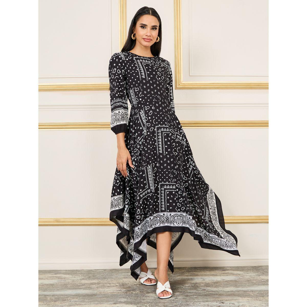 فستان ميدي بطباعة منديل Styli Limited بحافة غير متماثلة-women-clothing-dresses-image-1