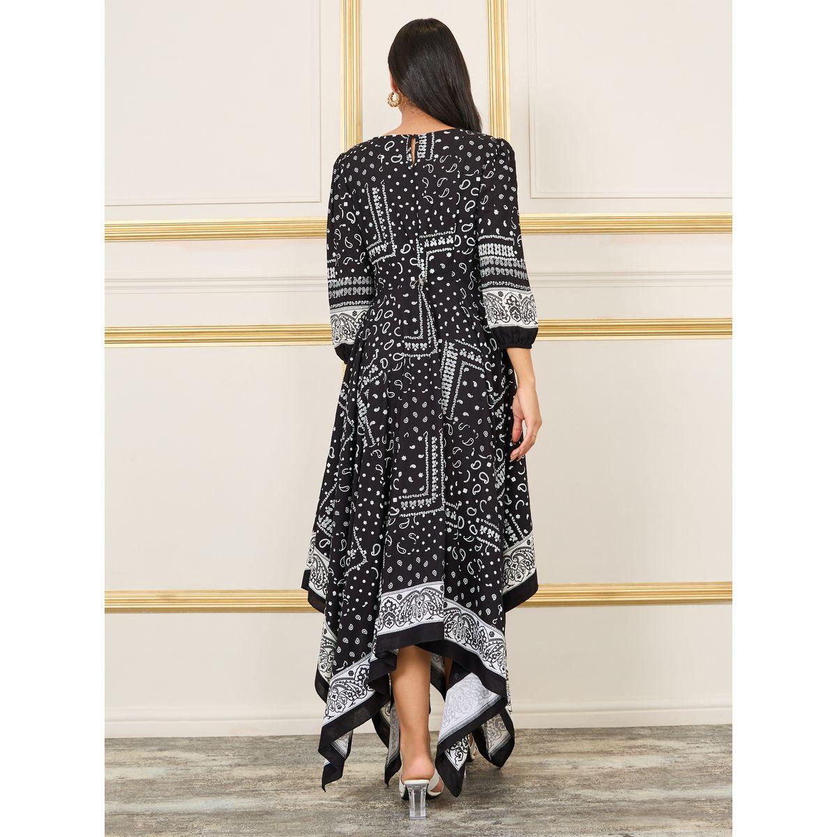 فستان ميدي بطباعة منديل Styli Limited بحافة غير متماثلة-women-clothing-dresses-image-4