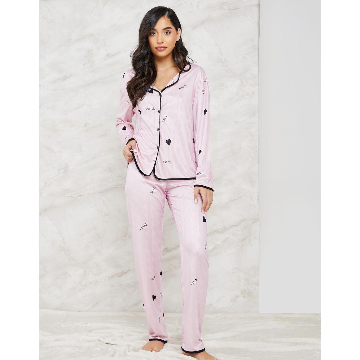 Styli Unwind Heart Print Button Through Shirt & Pyjama Set-women-clothing-nightwear-pyjamas-longsets-image-1
