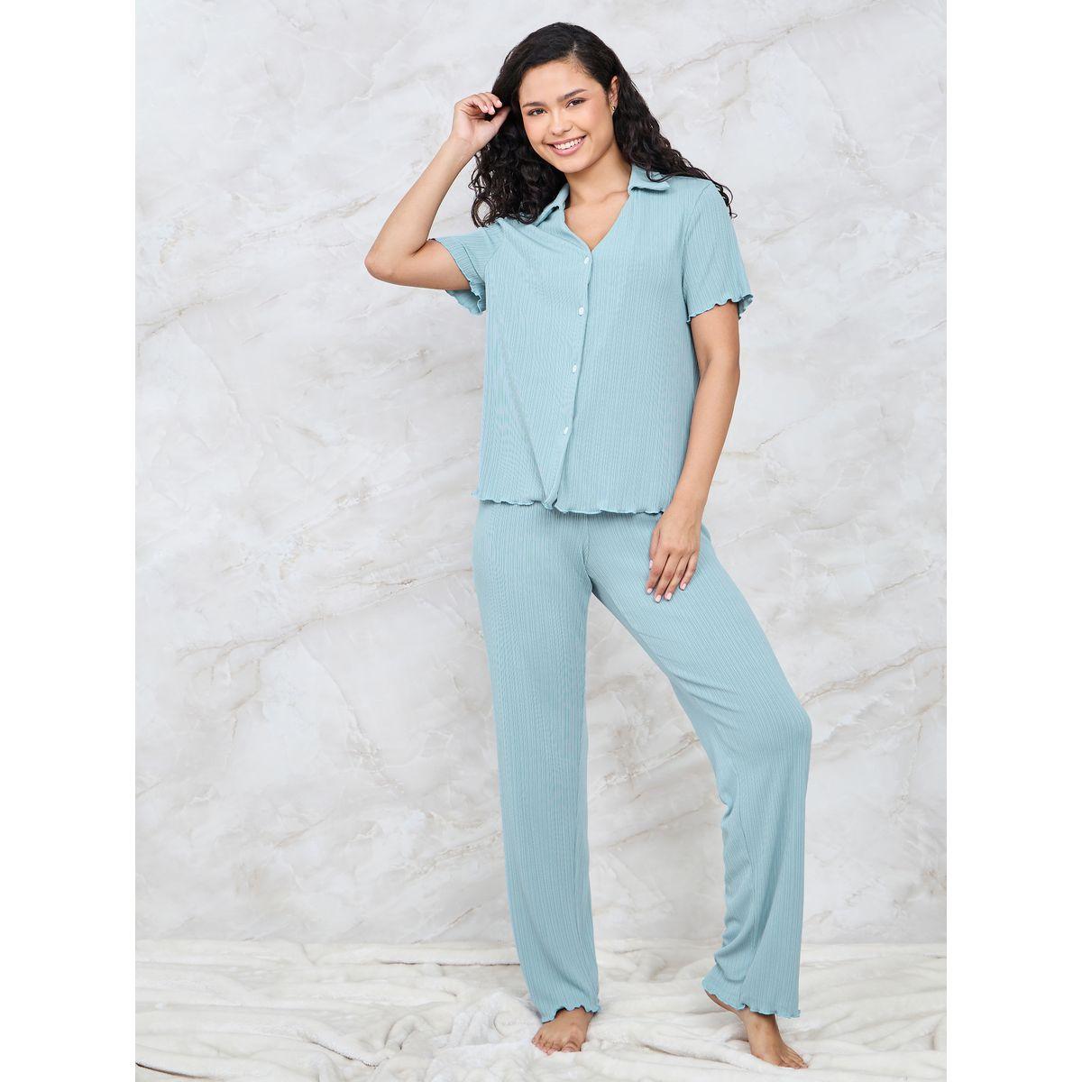 Styli Unwind Rib Button Through V Neck Lettuce Hem Shirt & Pyjama Set-women-clothing-nightwear-pyjamas-longsets-image-1