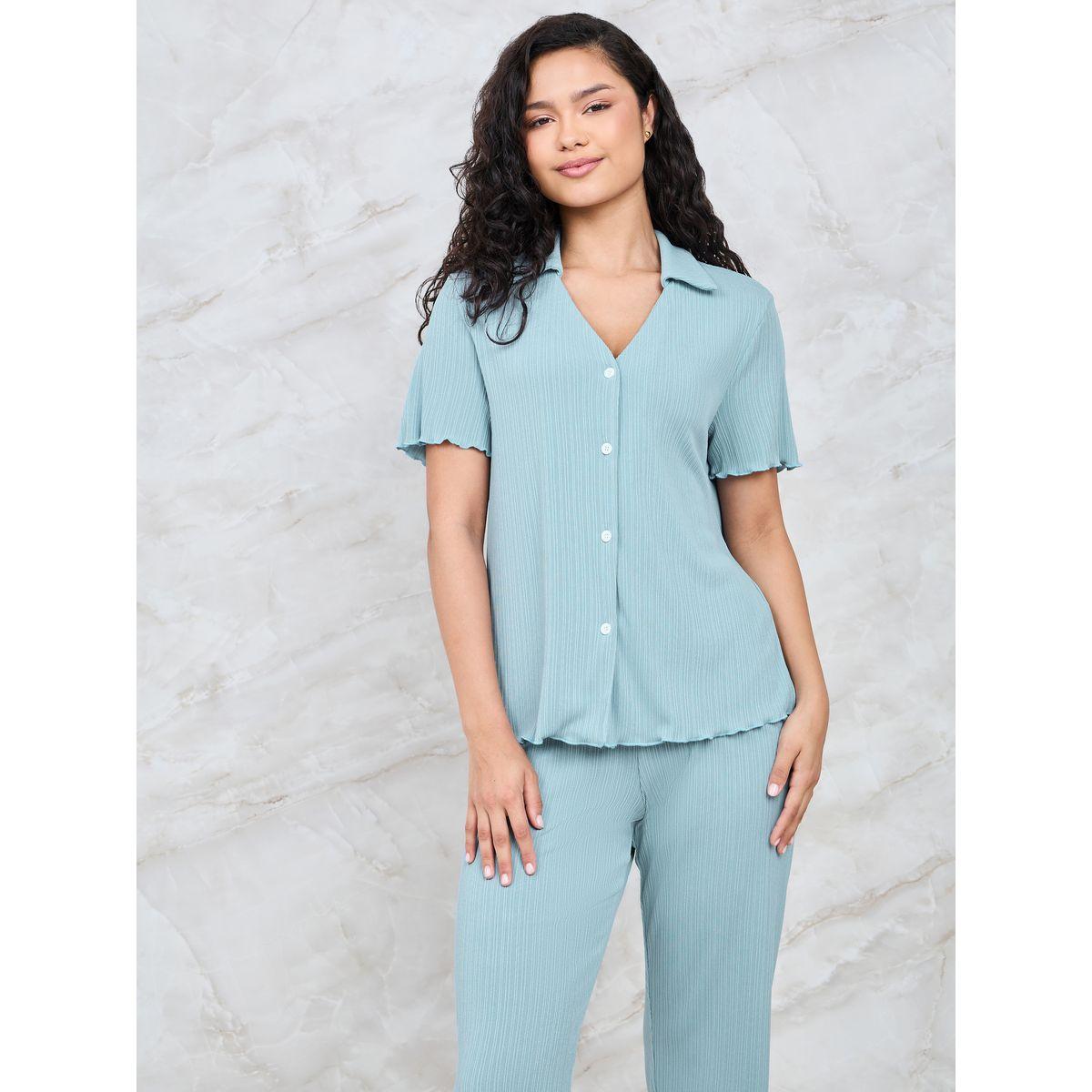 Styli Unwind Rib Button Through V Neck Lettuce Hem Shirt & Pyjama Set-women-clothing-nightwear-pyjamas-longsets-image-2