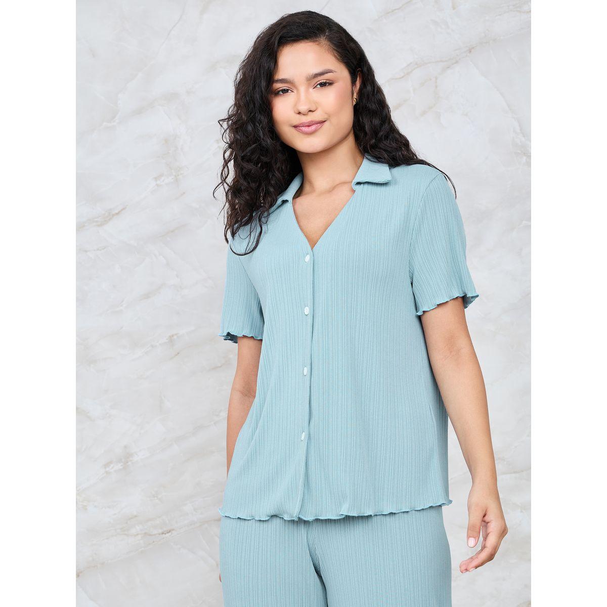 Styli Unwind Rib Button Through V Neck Lettuce Hem Shirt & Pyjama Set-women-clothing-nightwear-pyjamas-longsets-image-3