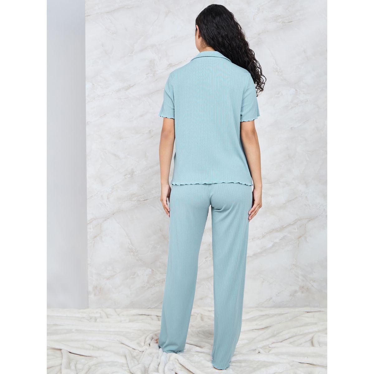 Styli Unwind Rib Button Through V Neck Lettuce Hem Shirt & Pyjama Set-women-clothing-nightwear-pyjamas-longsets-image-5