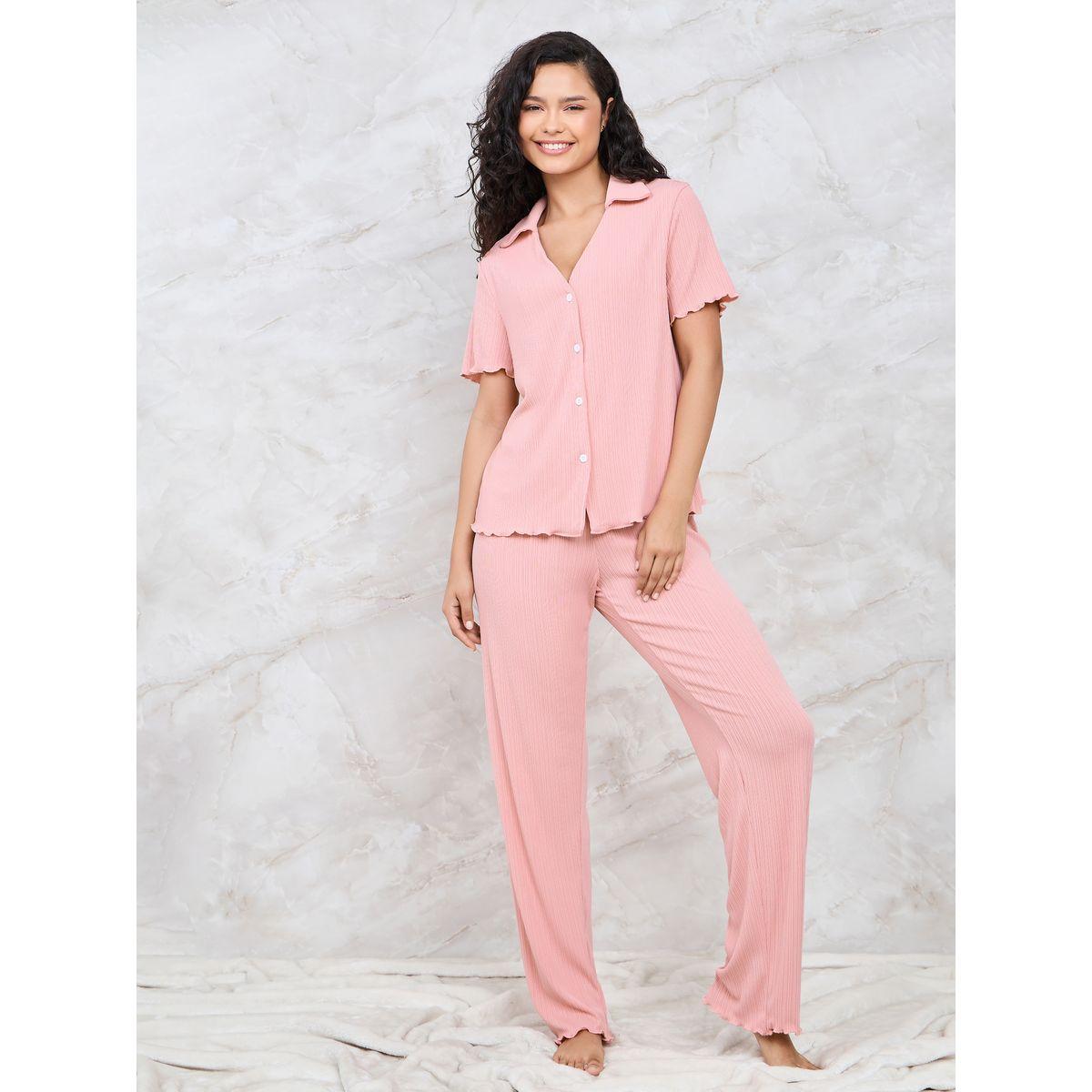 Styli Unwind Rib Button Through V Neck Lettuce Hem Shirt & Pyjama Set-women-clothing-nightwear-pyjamas-longsets-image-1