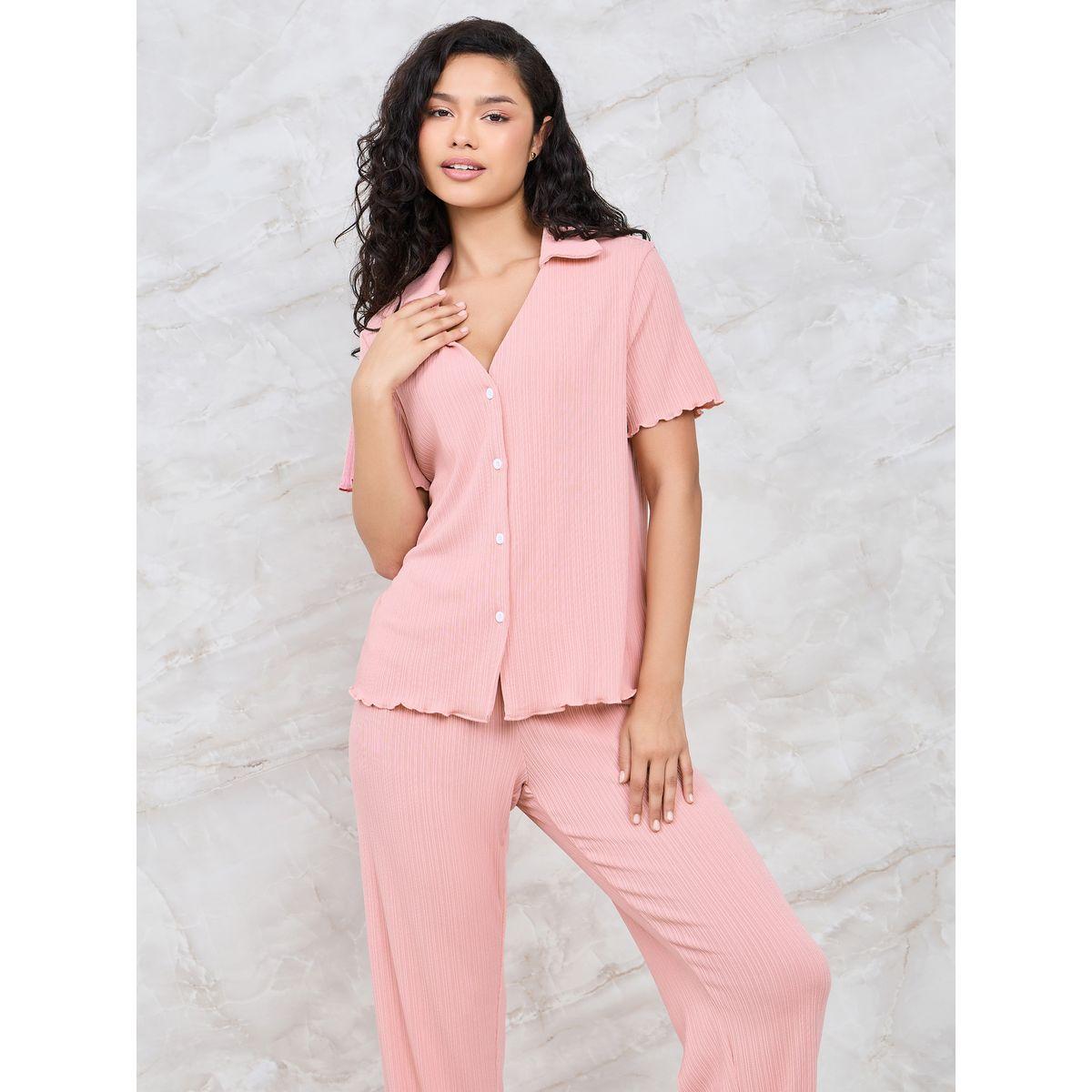 Styli Unwind Rib Button Through V Neck Lettuce Hem Shirt & Pyjama Set-women-clothing-nightwear-pyjamas-longsets-image-2