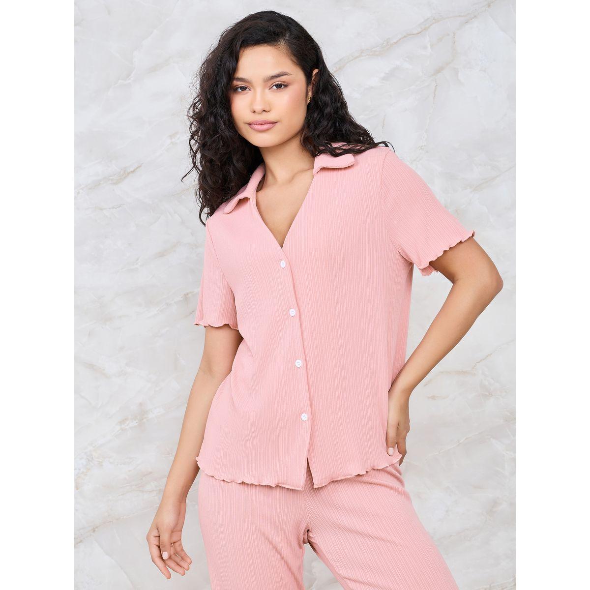 Styli Unwind Rib Button Through V Neck Lettuce Hem Shirt & Pyjama Set-women-clothing-nightwear-pyjamas-longsets-image-3