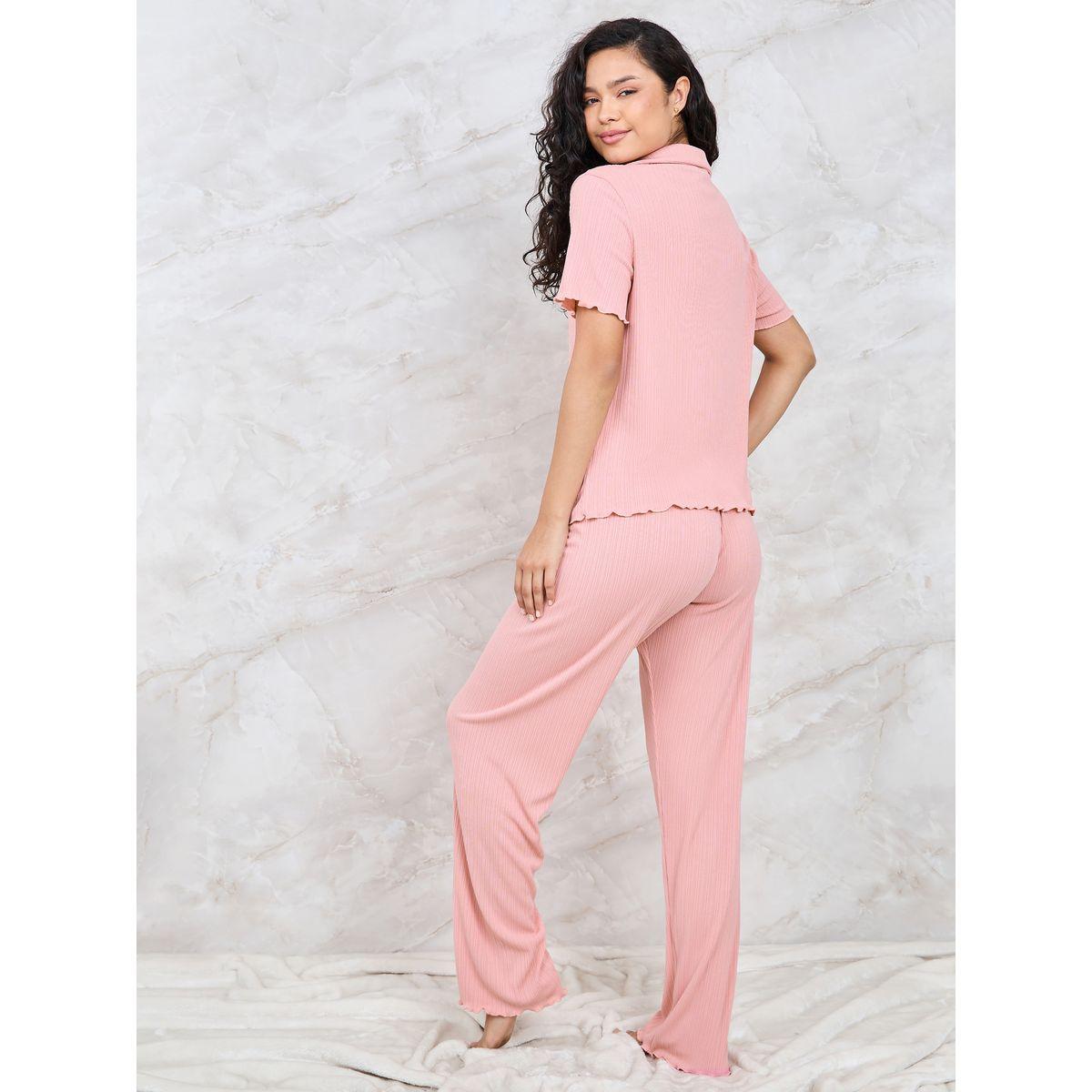 Styli Unwind Rib Button Through V Neck Lettuce Hem Shirt & Pyjama Set-women-clothing-nightwear-pyjamas-longsets-image-5