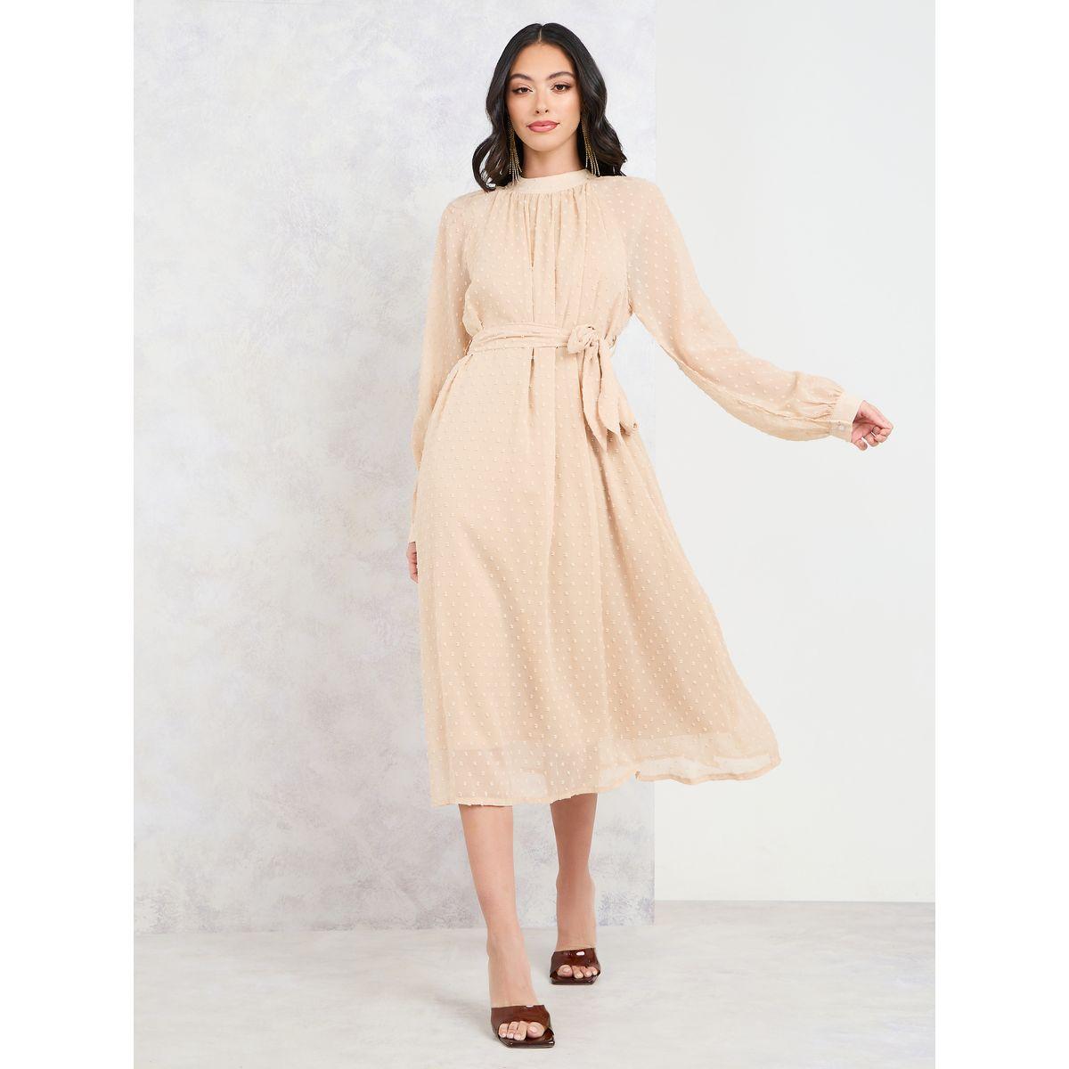 Styli Dobby High Neck A-Line Midi Dress-women-clothing-dresses-image-1