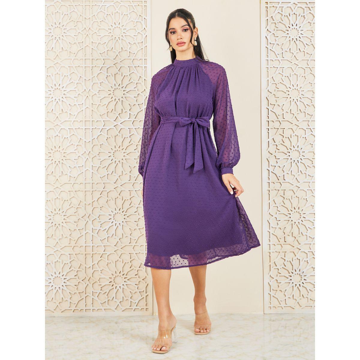 Styli Dobby High Neck Self Tie Up A-line Midi Dress-women-clothing-dresses-image-1