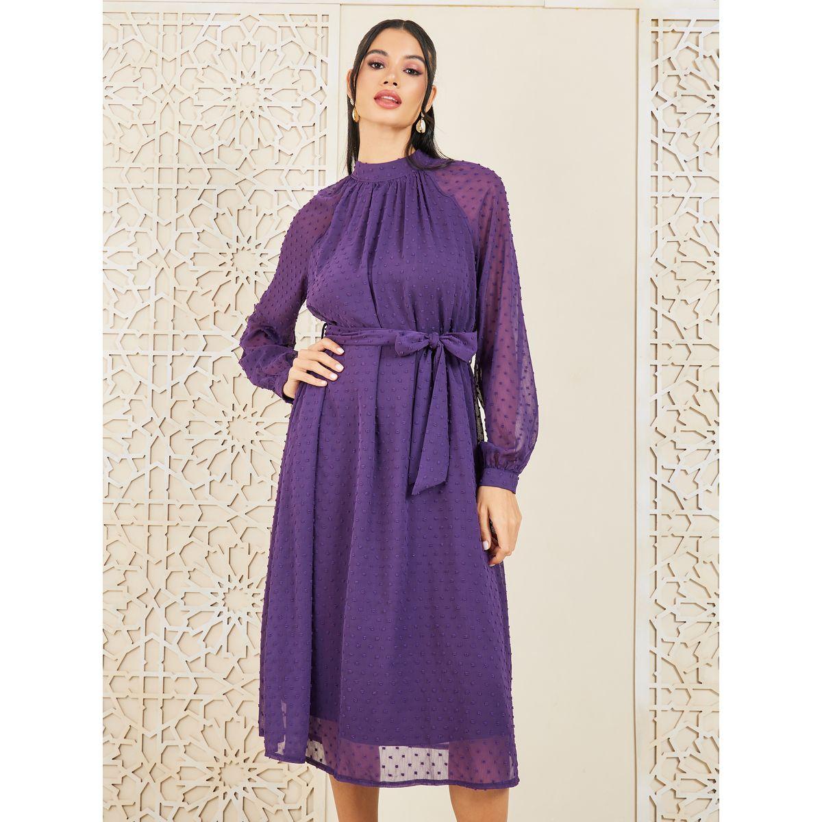 Styli Dobby High Neck Self Tie Up A-line Midi Dress-women-clothing-dresses-image-2
