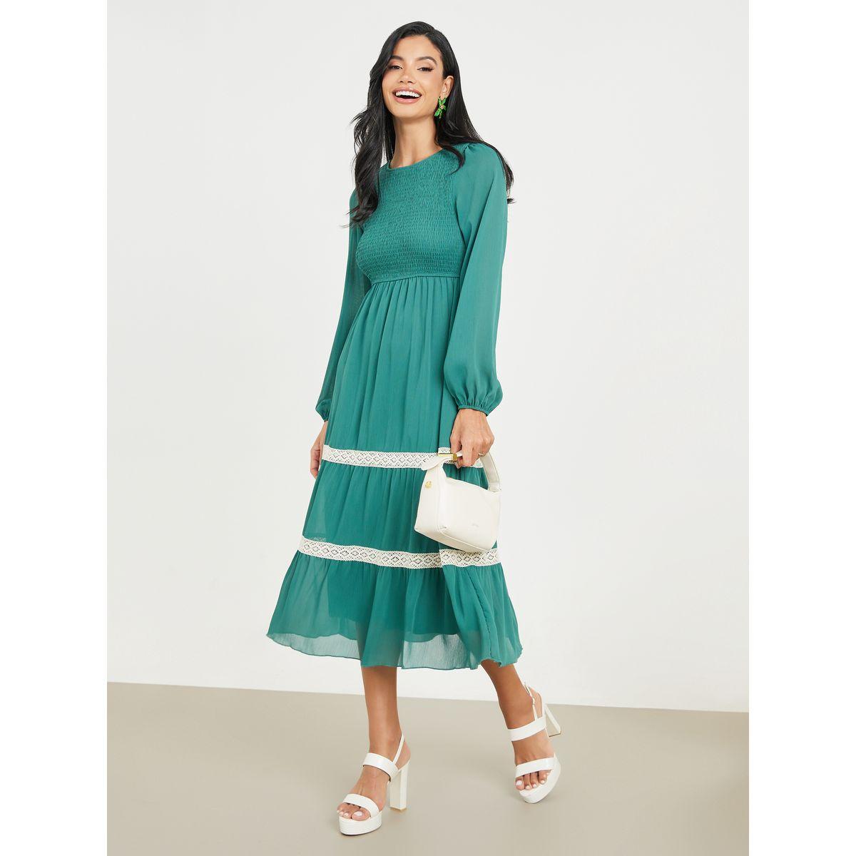 فستان ميدي بكسرات وتفاصيل دانتيل-women-clothing-dresses-image-1