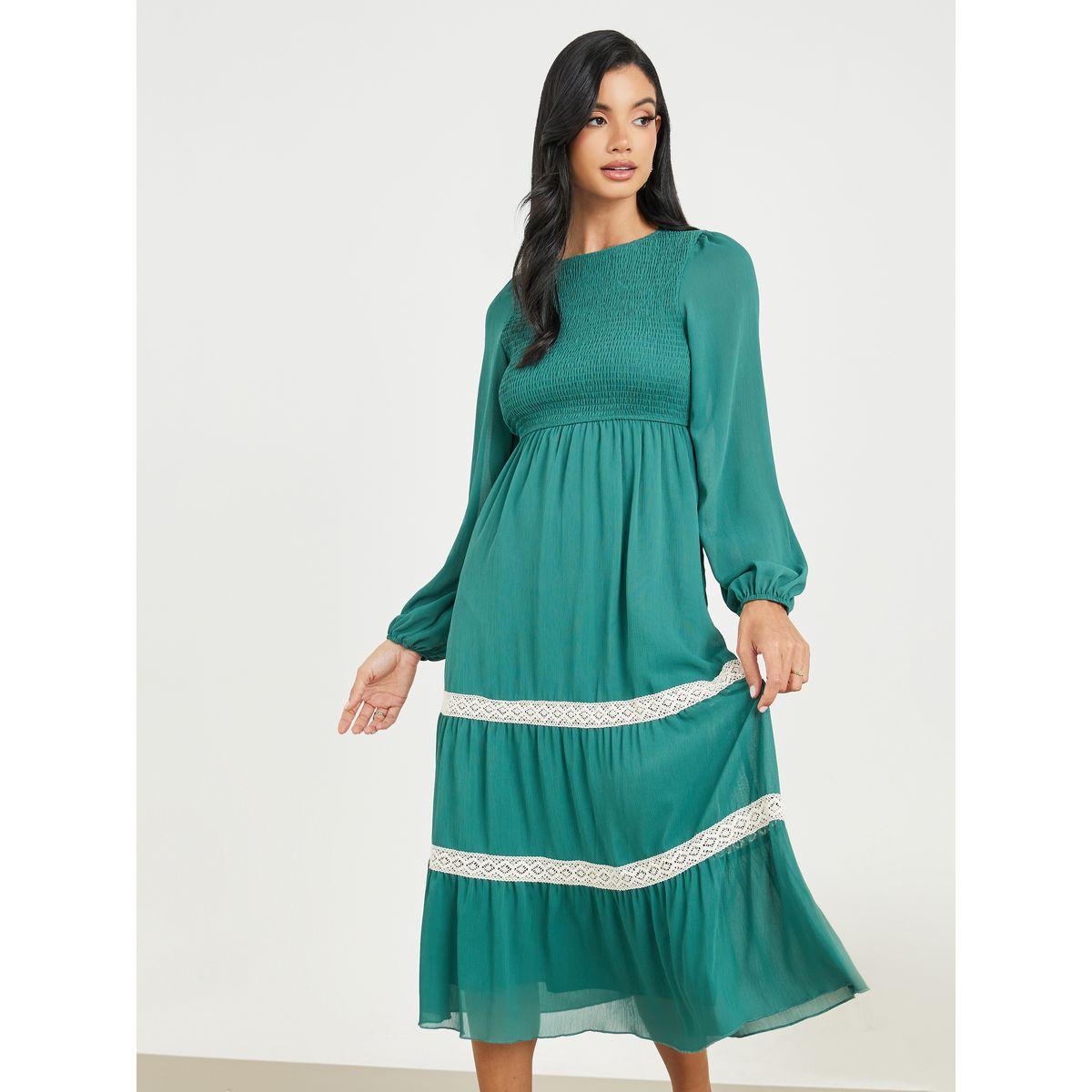 فستان ميدي بكسرات وتفاصيل دانتيل-women-clothing-dresses-image-2